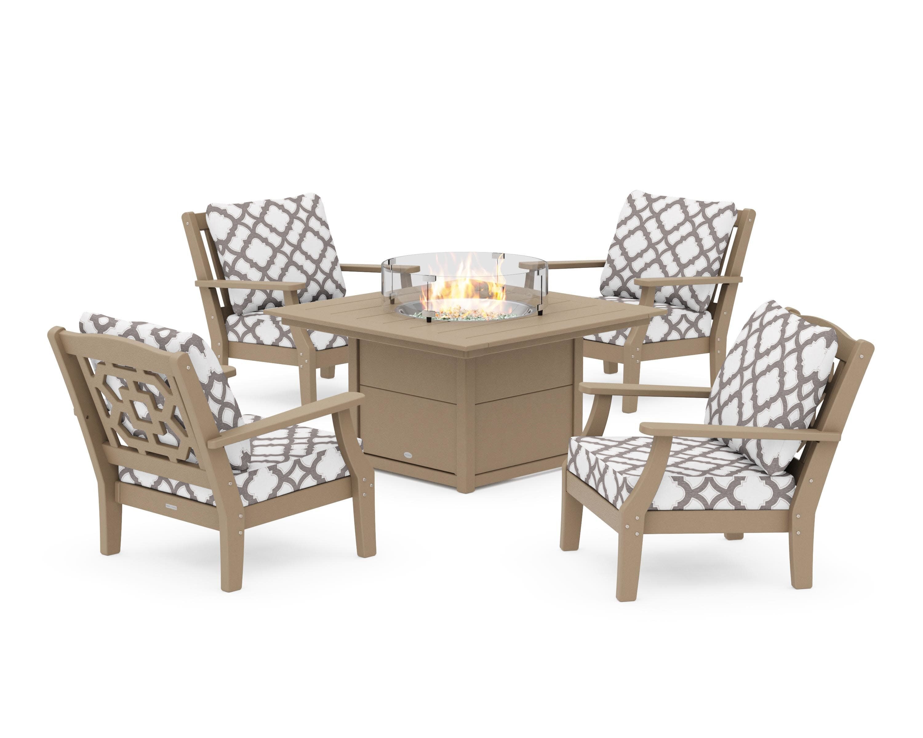 Chinoiserie 5-Piece Deep Seating Set with Fire Pit Table in Vintage Sahara / Trellis Grey Mist