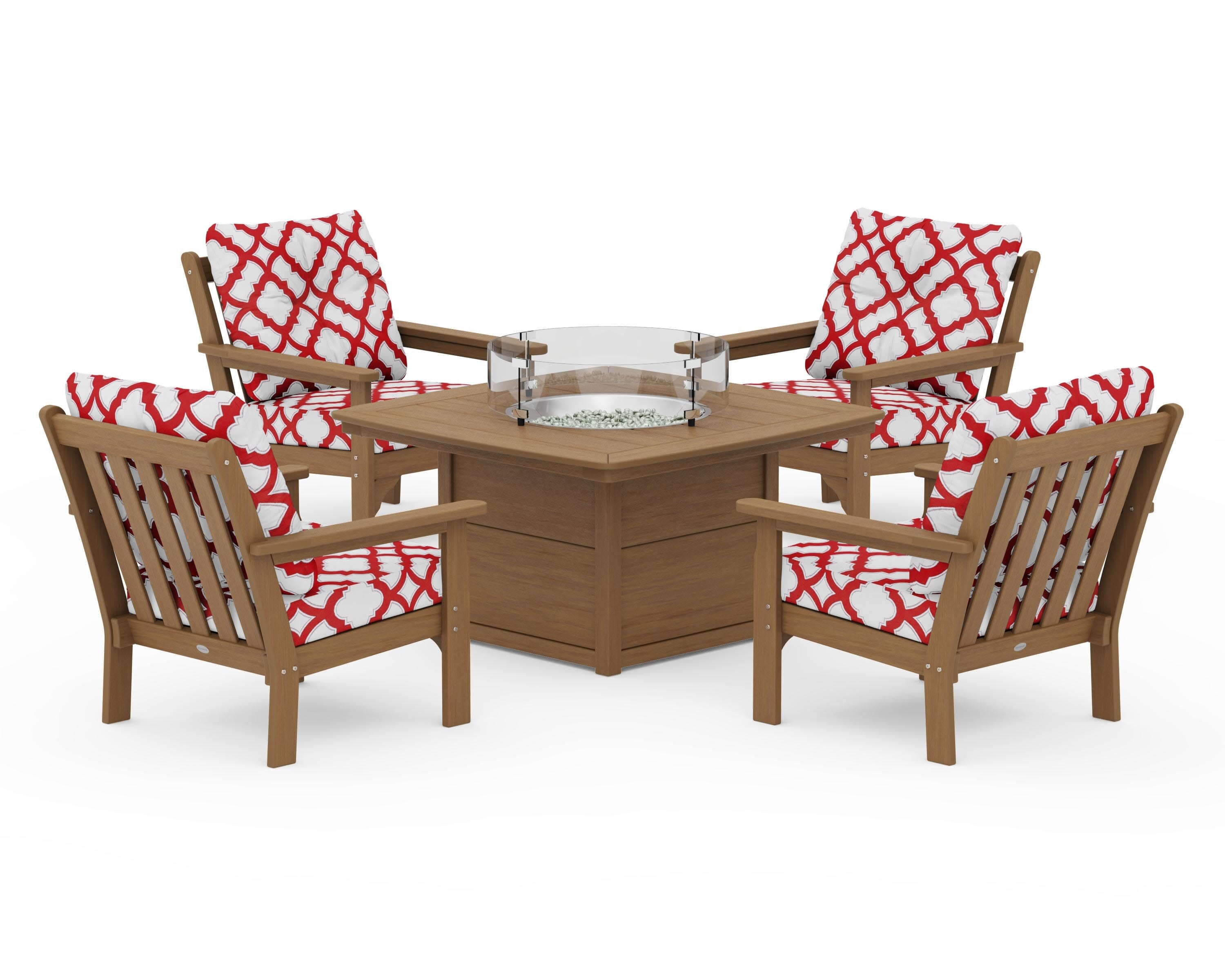 Vineyard 5-Piece Conversation Set with Fire Pit Table in Natural / Trellis Crimson