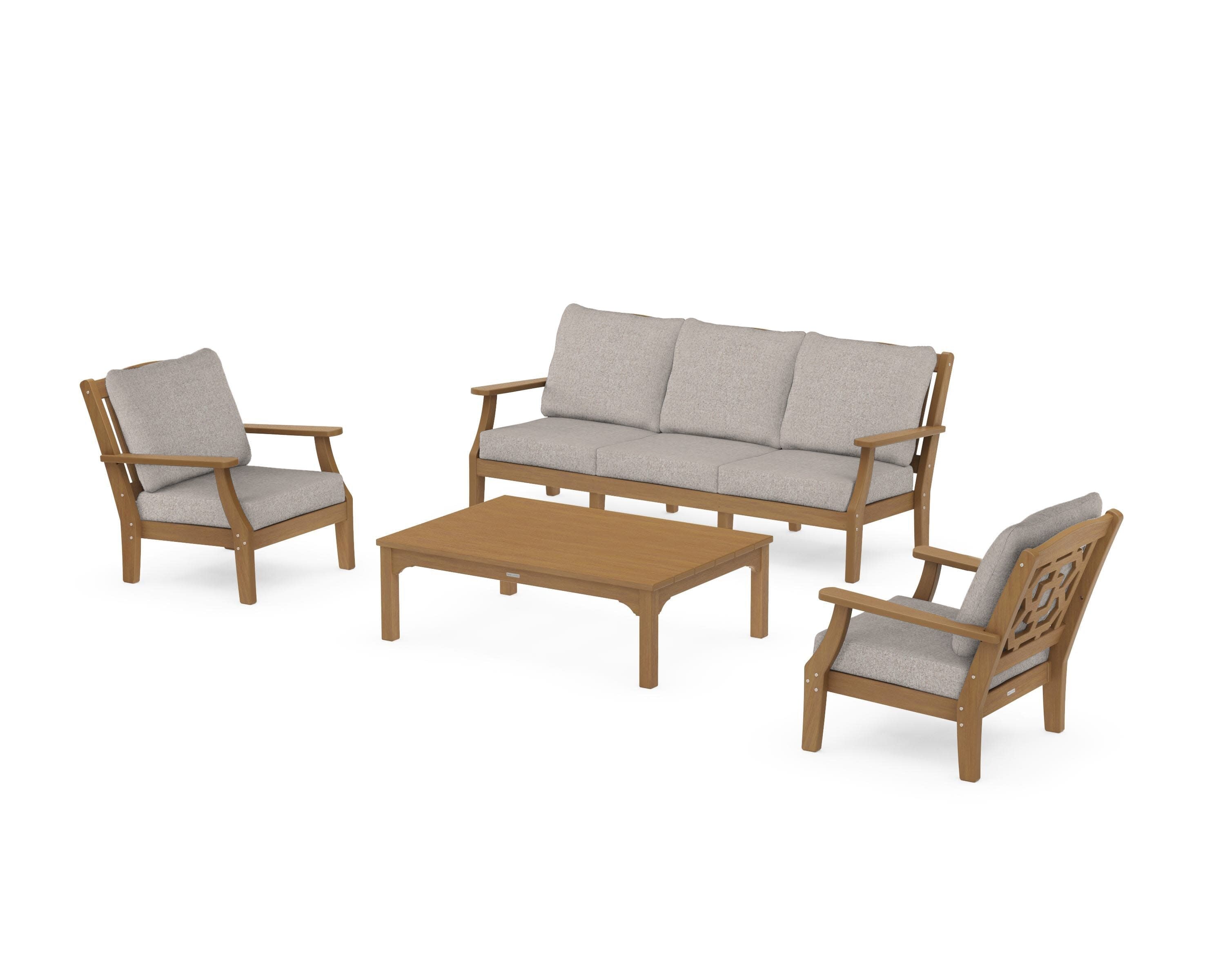 Chinoiserie 4-Piece Deep Seating Set with Sofa in Natural / Weathered Tweed