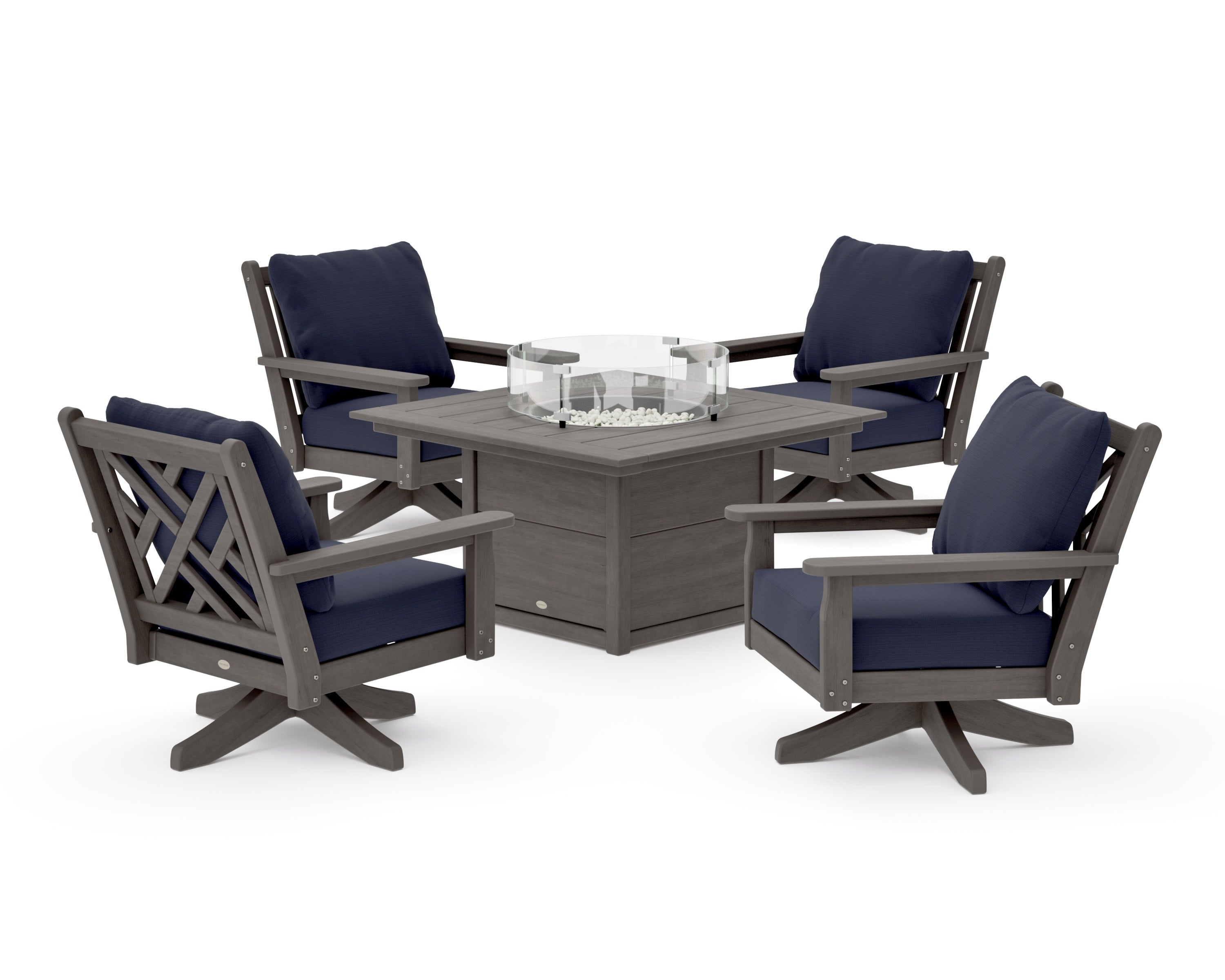 Chippendale 5-Piece Deep Seating Swivel Conversation Set with Fire Pit Table in Driftwood / Navy Linen