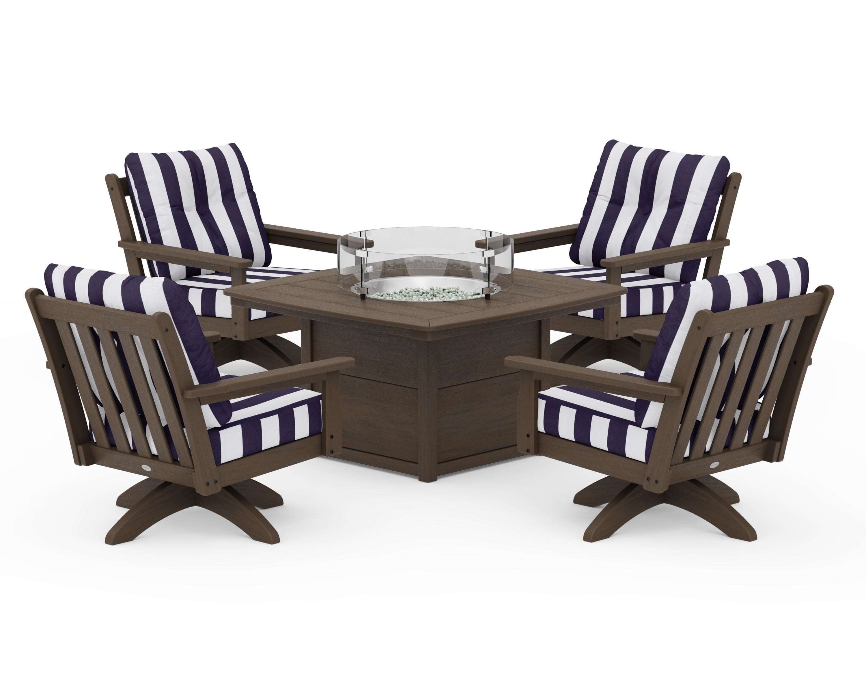Vineyard 5-Piece Deep Seating Swivel Conversation Set with Fire Pit Table in Kona / Cabana Stripe Navy