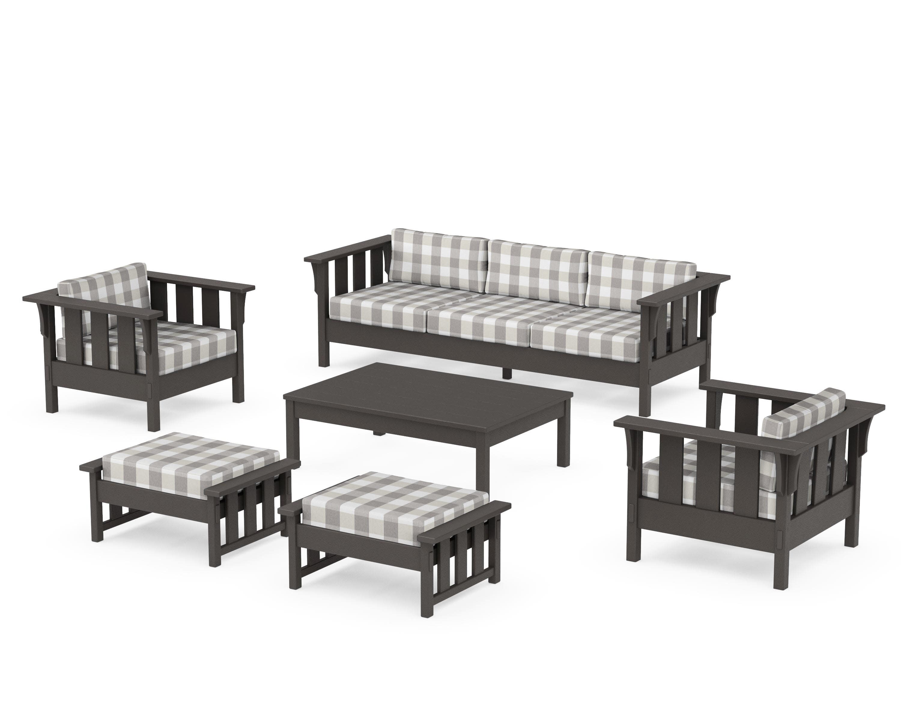 Acadia 6-Piece Lounge Sofa Set in Vintage Coffee / Buffalo Plaid Grey Mist