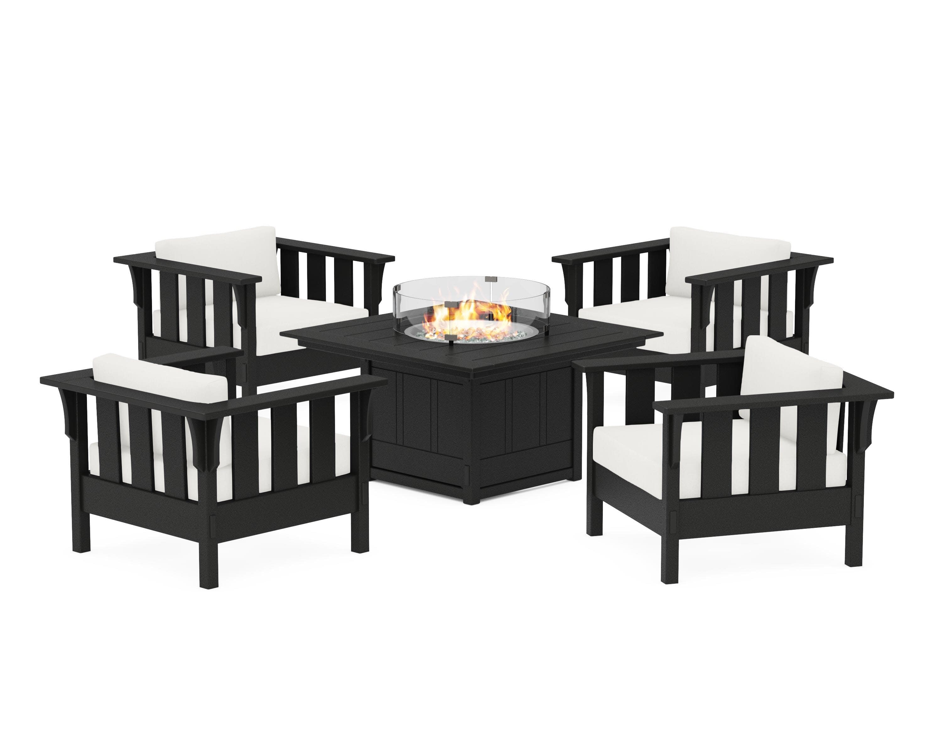 Acadia 5-Piece Deep Seating Set with Fire Pit Table in Black / Natural Linen