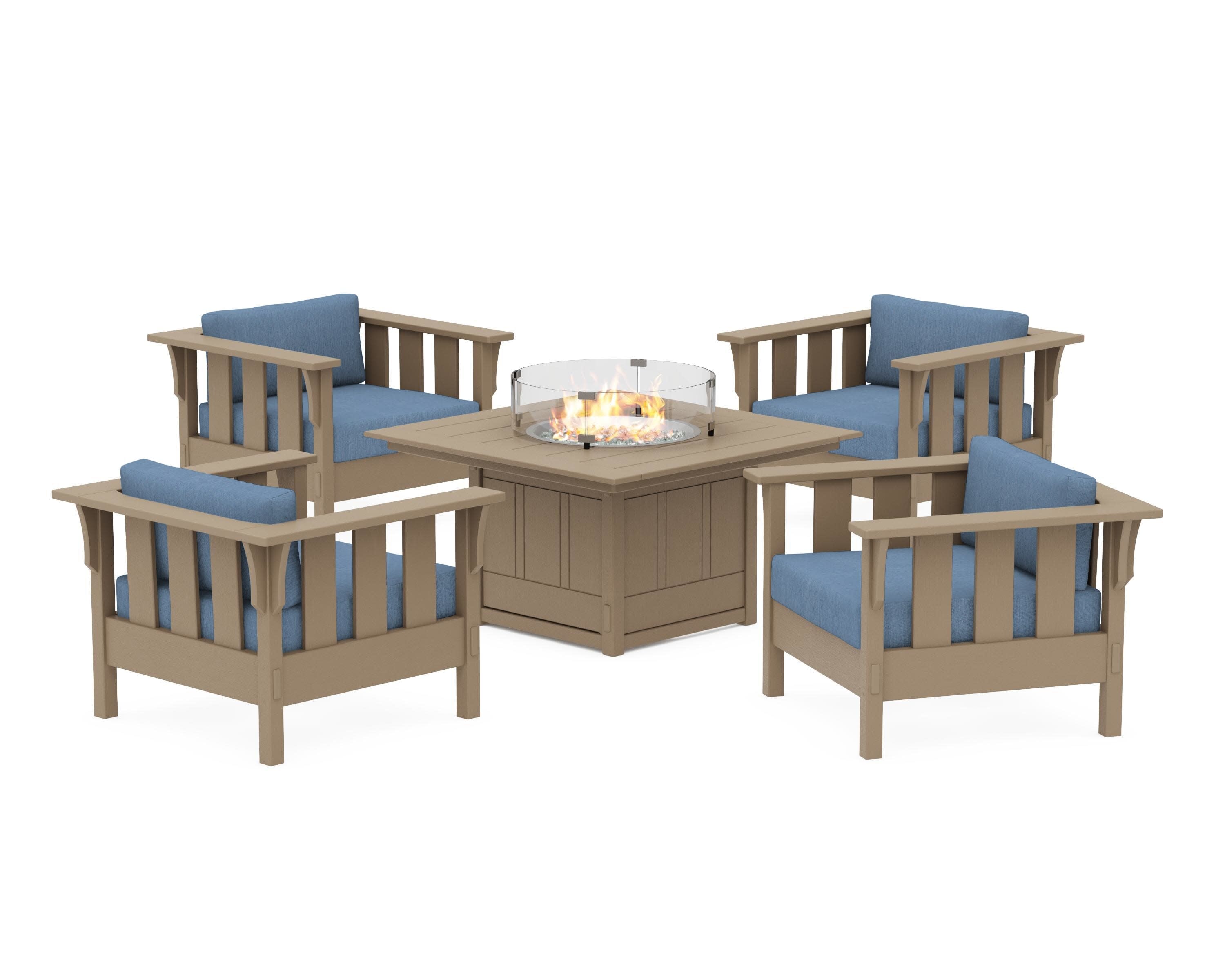 Acadia 5-Piece Deep Seating Set with Fire Pit Table in Vintage Sahara / Sky Blue