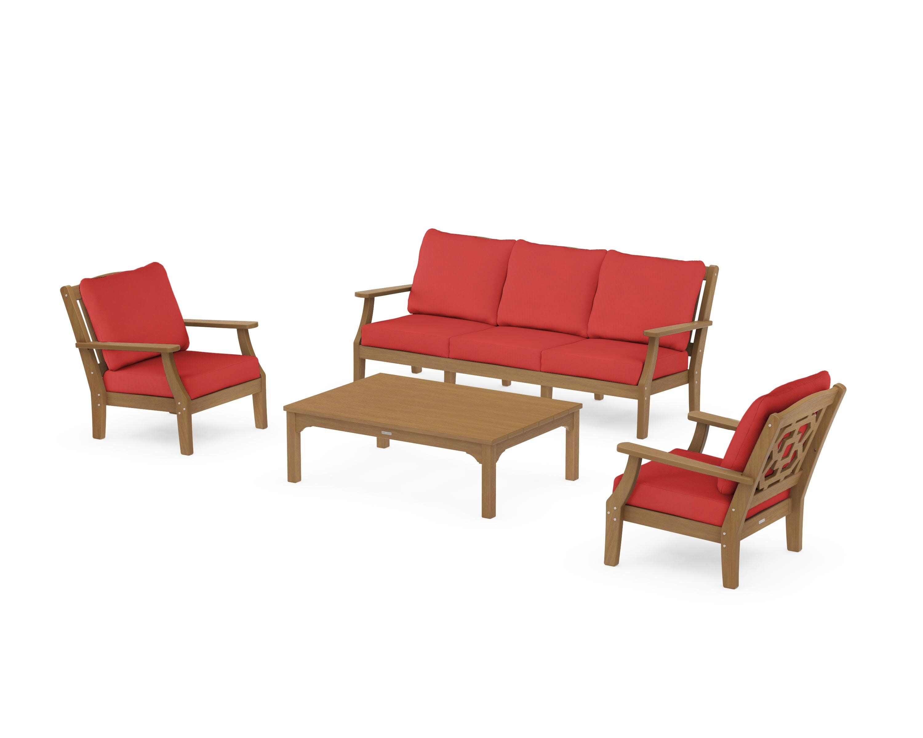 Chinoiserie 4-Piece Deep Seating Set with Sofa in Natural / Crimson Linen