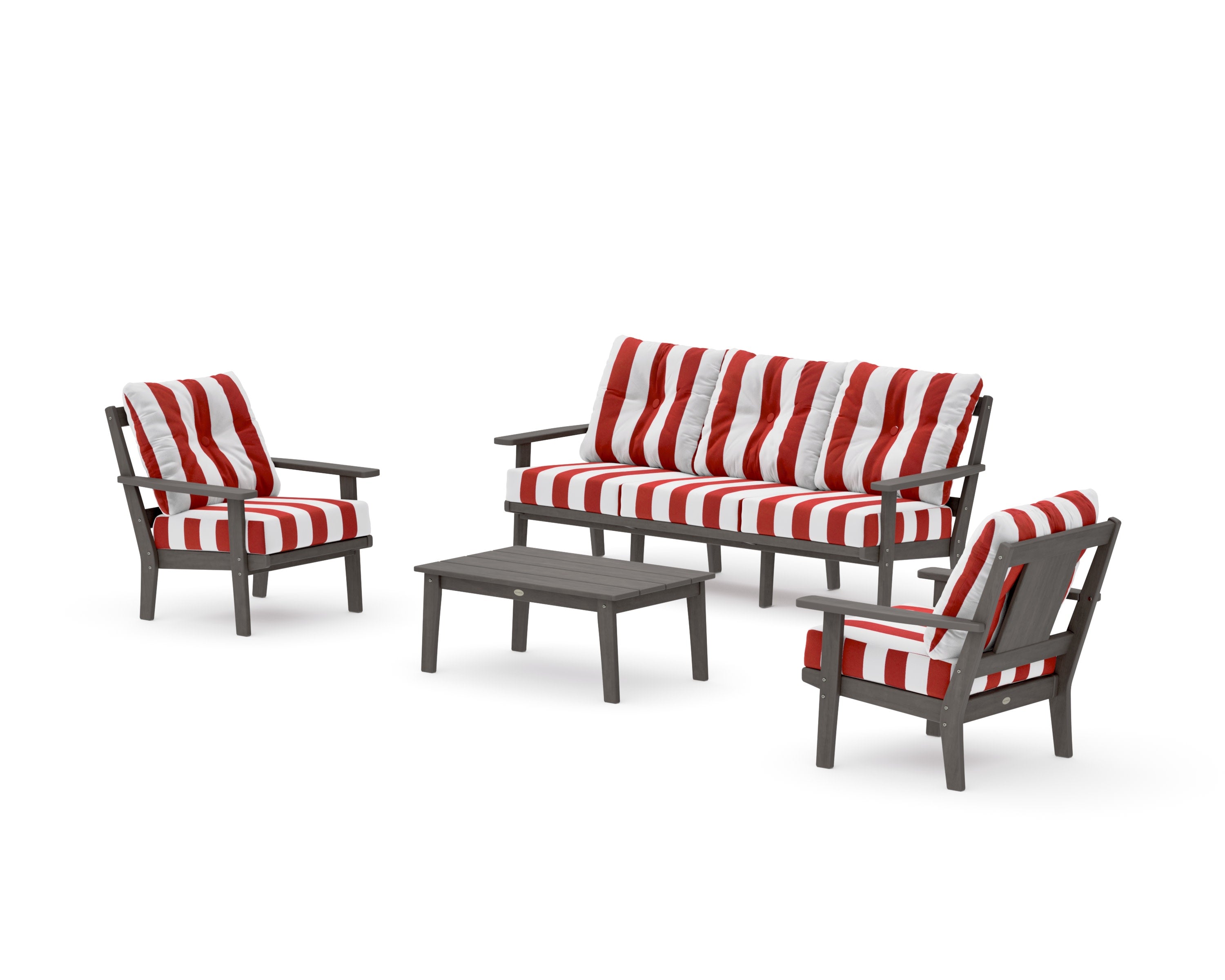 Prairie 4-Piece Deep Seating Set with Sofa in Driftwood / Cabana Stripe Crimson