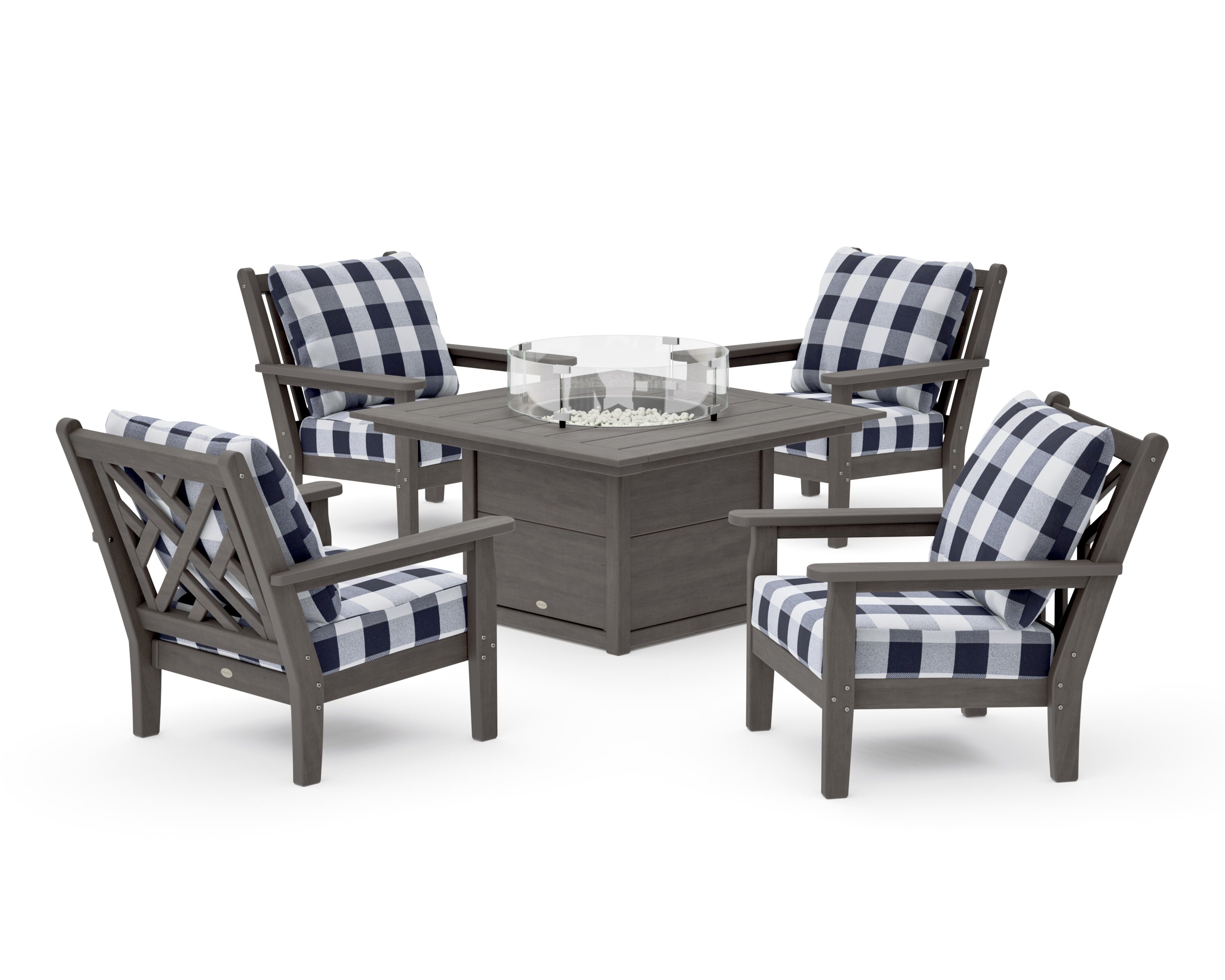 Chippendale 5-Piece Deep Seating Set with Fire Pit Table in Driftwood / Buffalo Plaid Navy
