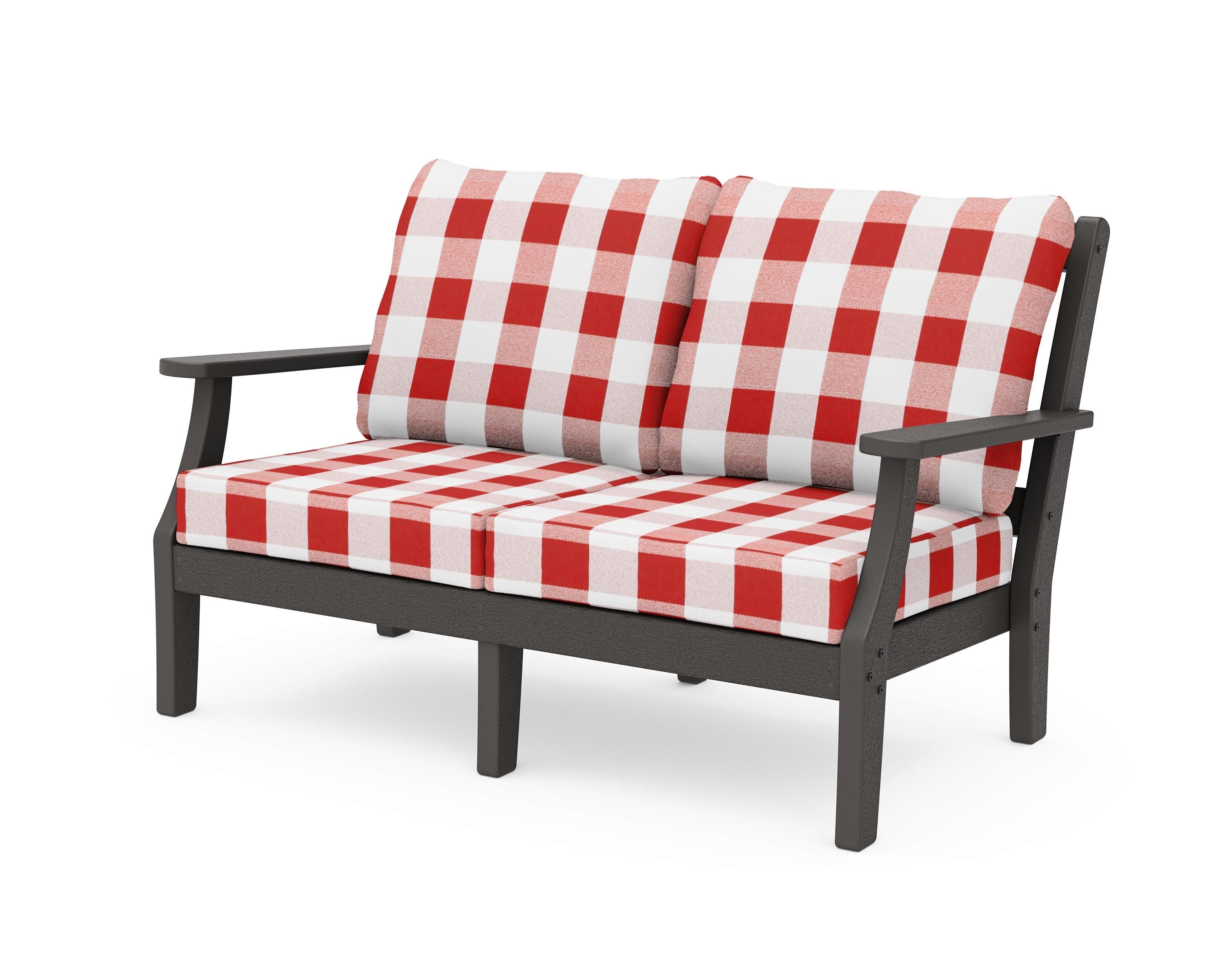 Chinoiserie Deep Seating Loveseat in Vintage Coffee / Buffalo Plaid Crimson