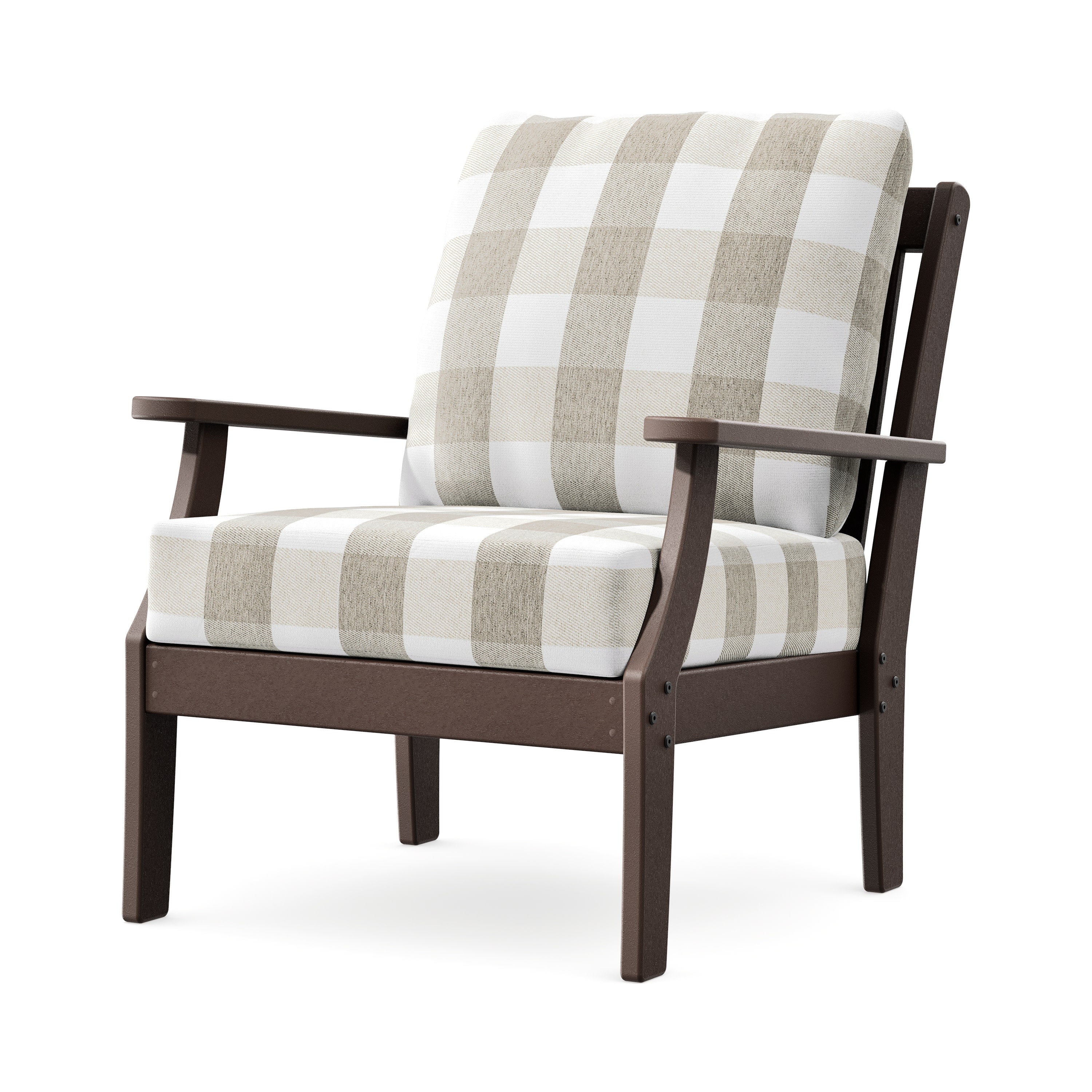 Braxton Deep Seating Chair in Mahogany / Buffalo Plaid Dune Burlap