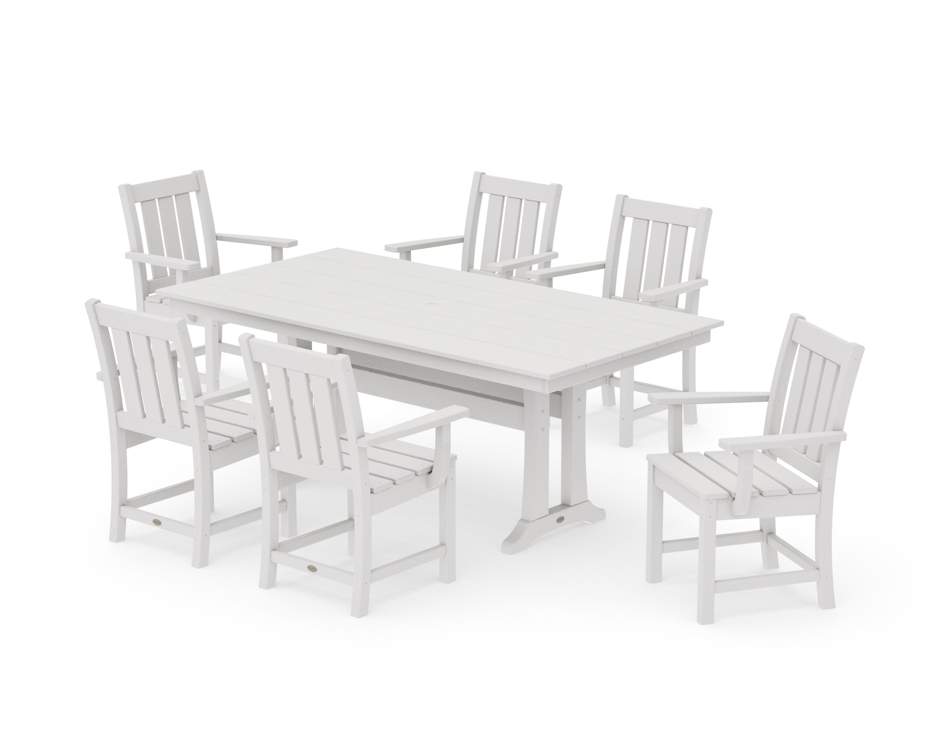 Oxford Arm Chair 7-Piece Farmhouse Dining Set with Trestle Legs in Vintage White