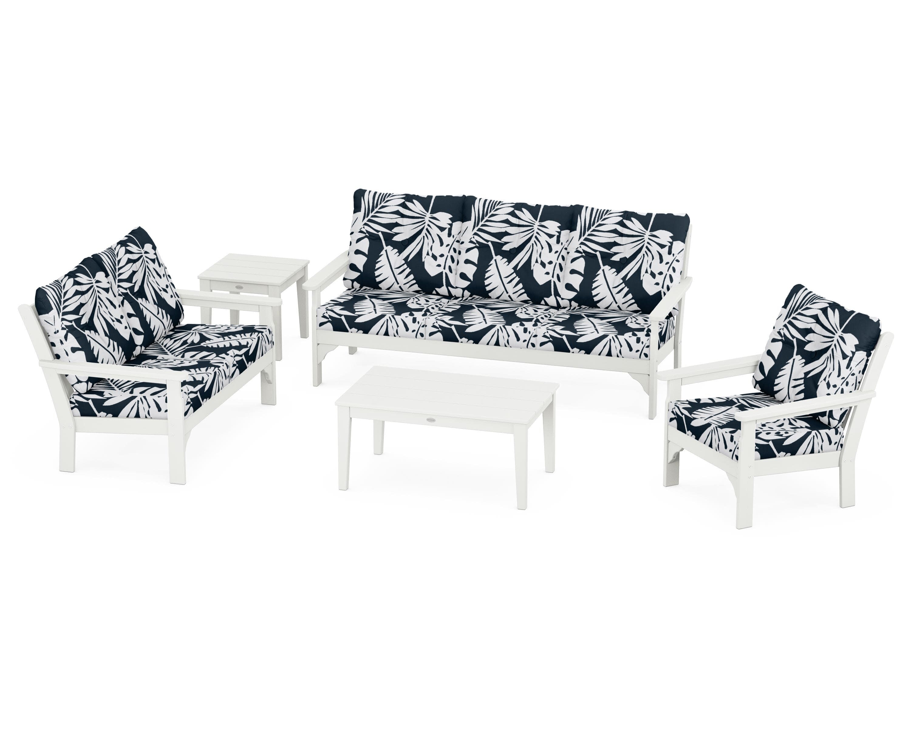 Vineyard 5 Piece Deep Seating Set in Vintage White / Leaf Marine Indigo