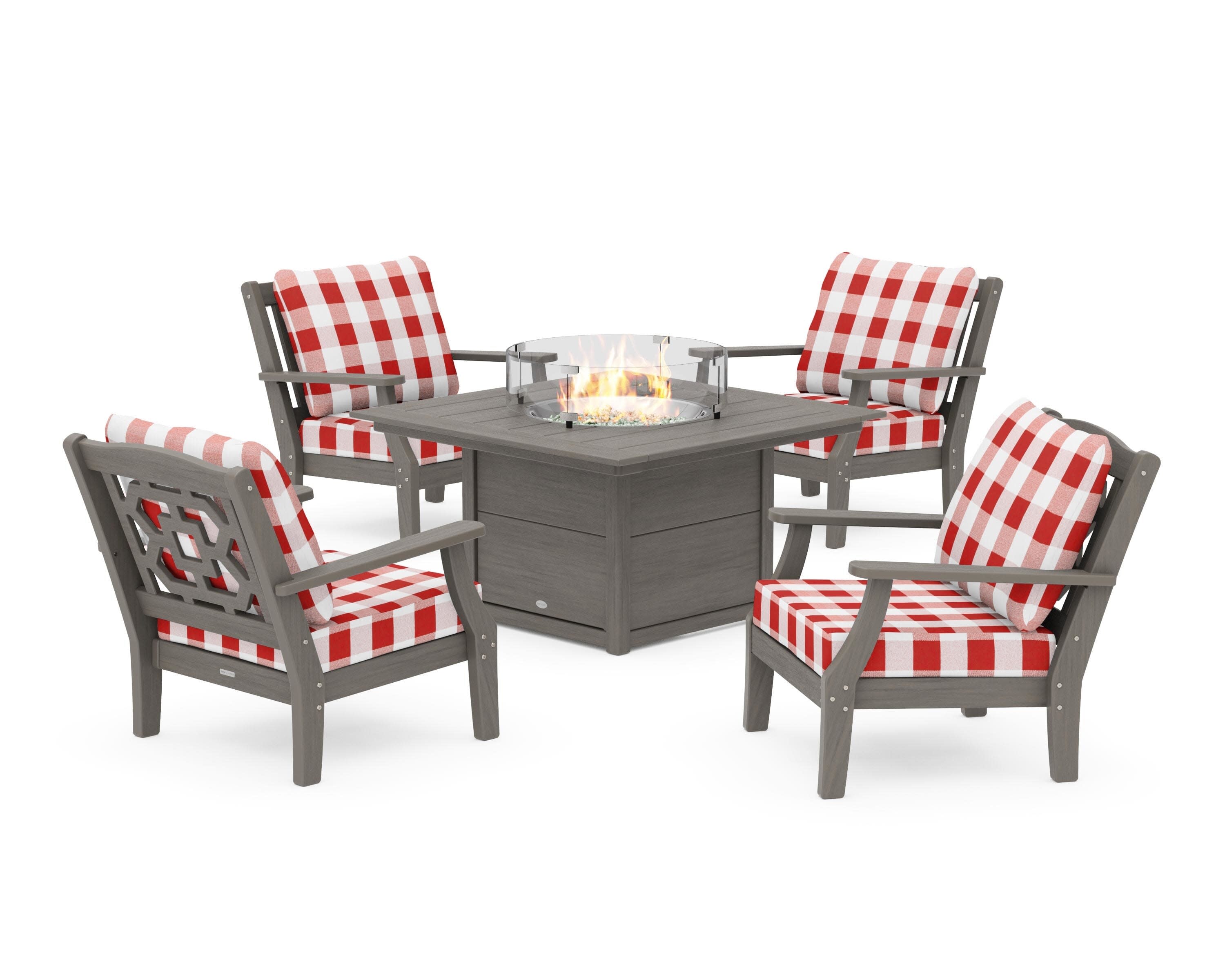 Chinoiserie 5-Piece Deep Seating Set with Fire Pit Table in Driftwood / Buffalo Plaid Crimson