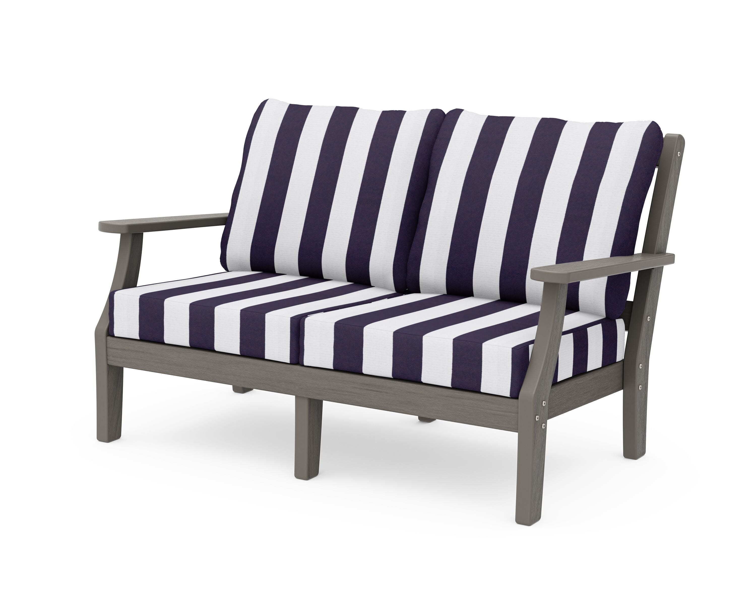 Chinoiserie Deep Seating Loveseat in Driftwood / Cabana Stripe Navy