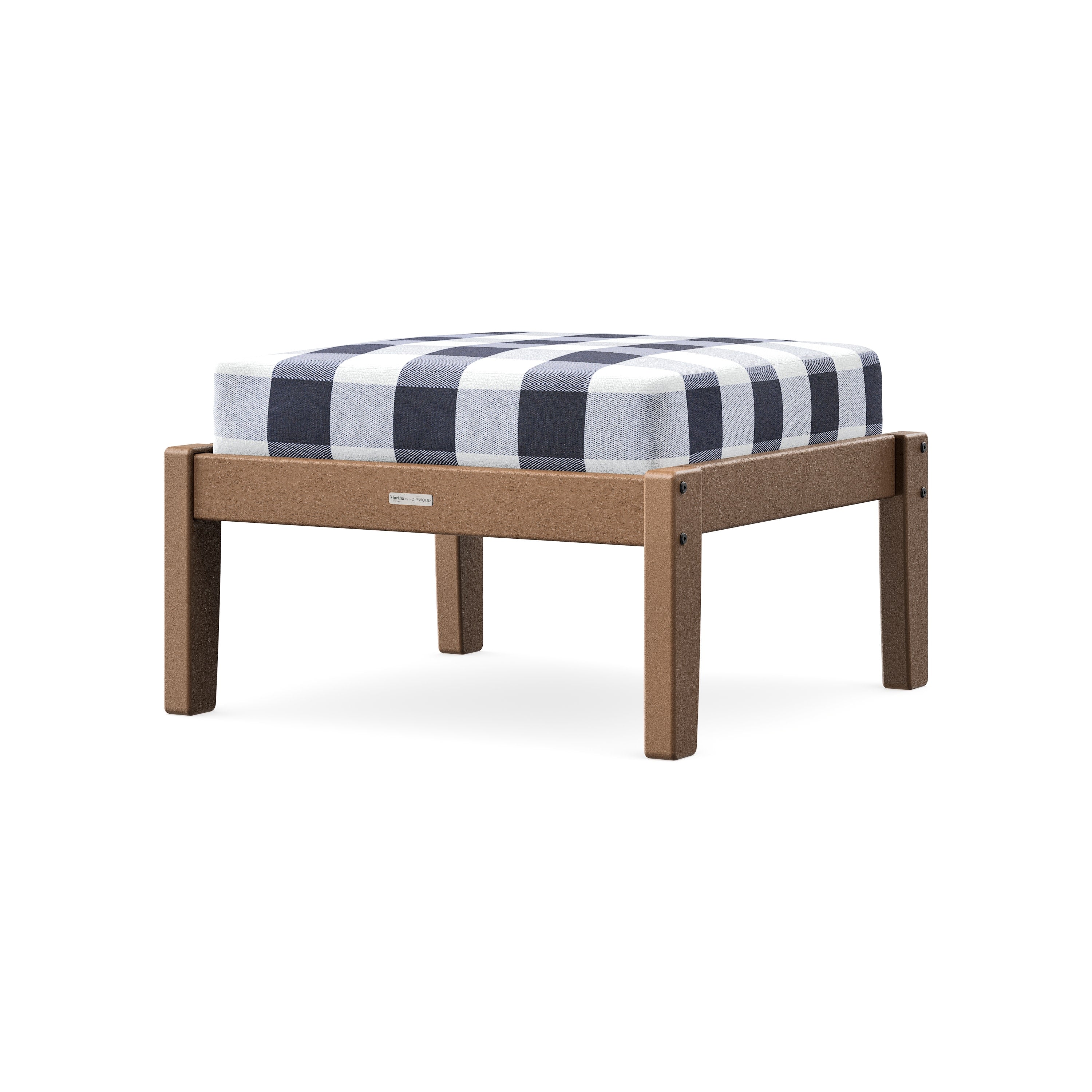 Chinoiserie Deep Seating Ottoman in Teak / Buffalo Plaid Navy