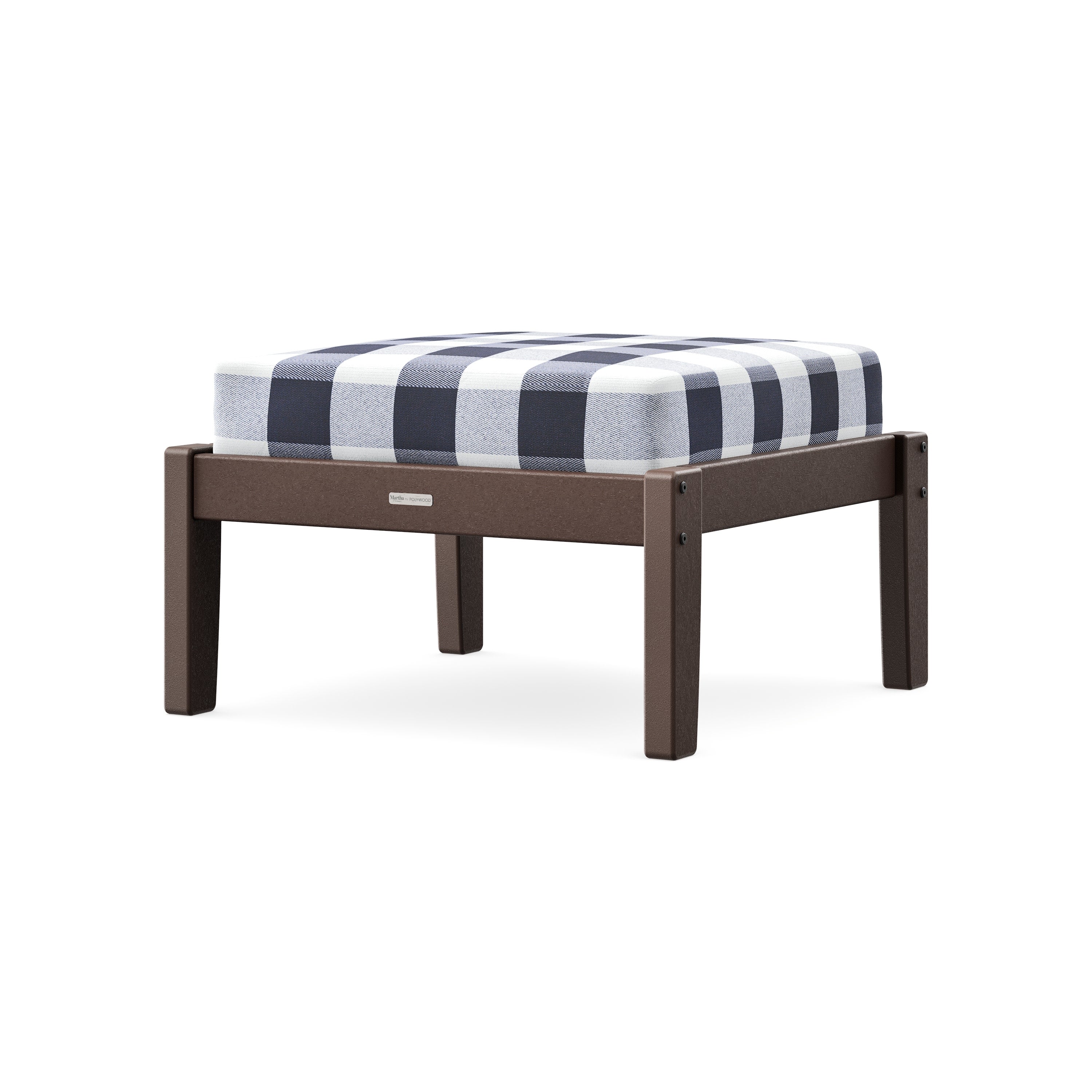 Chinoiserie Deep Seating Ottoman in Mahogany / Buffalo Plaid Navy