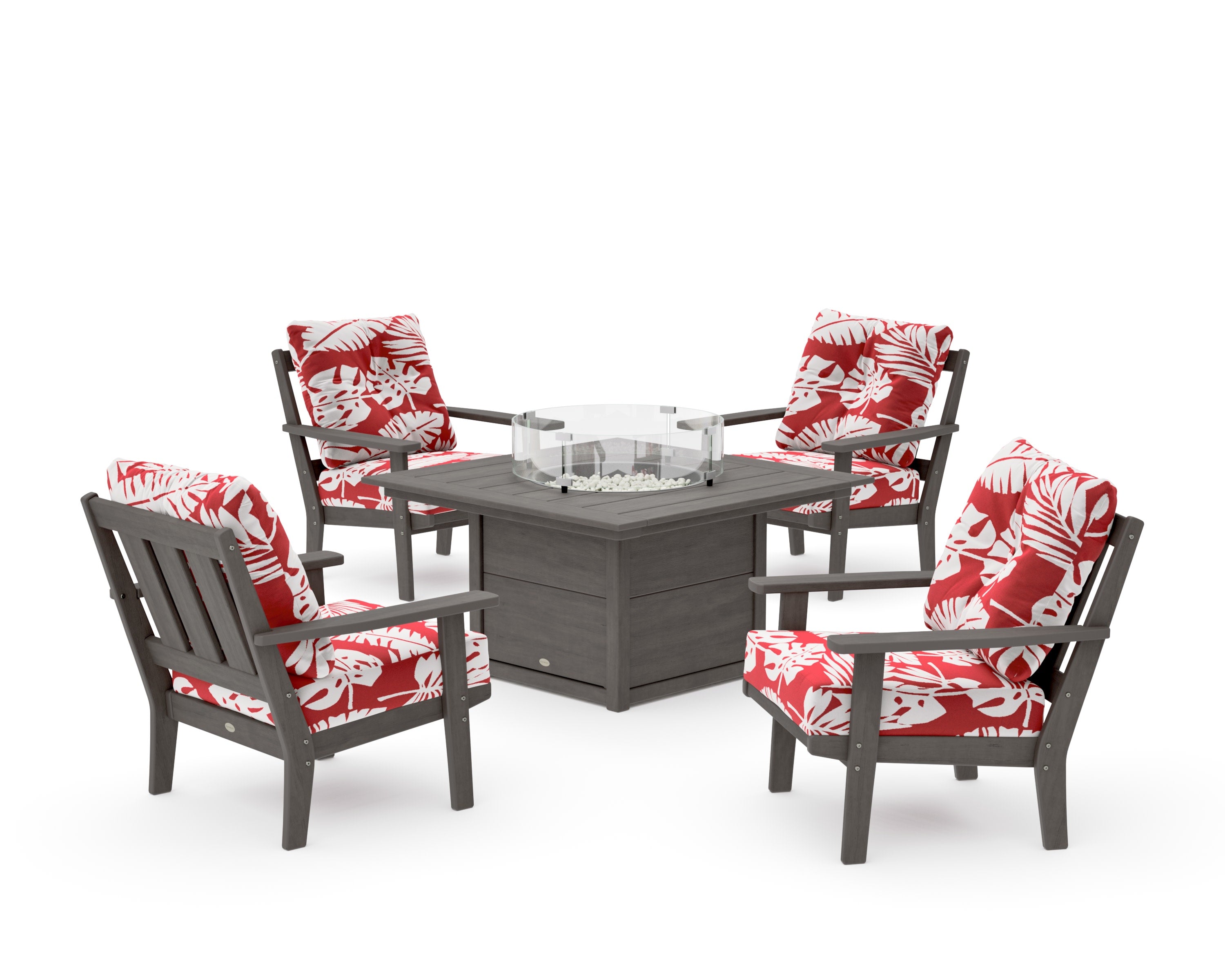 Oxford 5-Piece Deep Seating Set with Fire Pit Table in Driftwood / Leaf Crimson