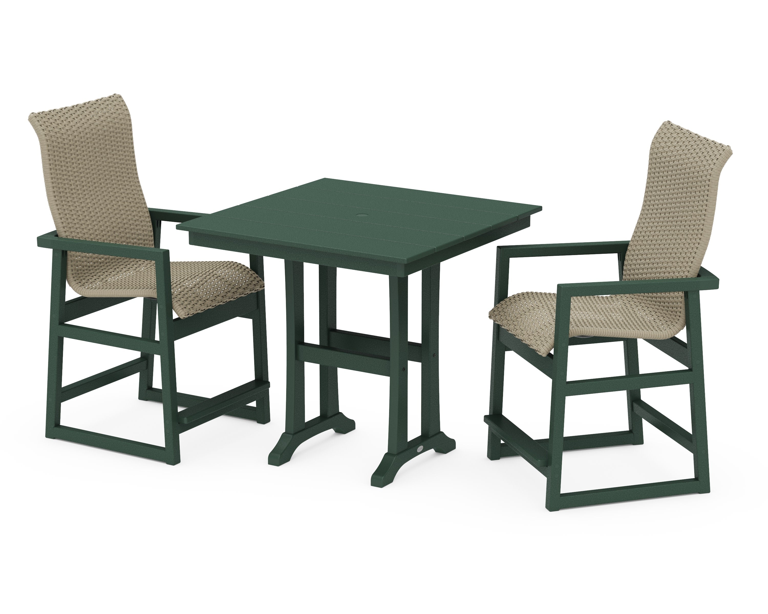 EDGE Woven Highback 3-Piece Farmhouse Counter Set with Trestle Legs in Green / Dune Grass