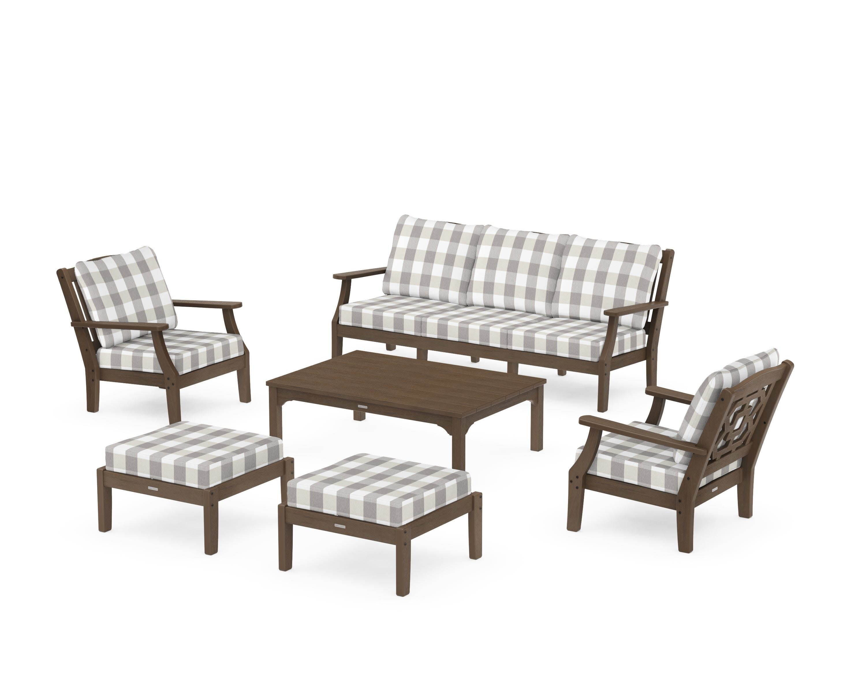 Chinoiserie 6-Piece Lounge Sofa Set in Kona / Buffalo Plaid Grey Mist