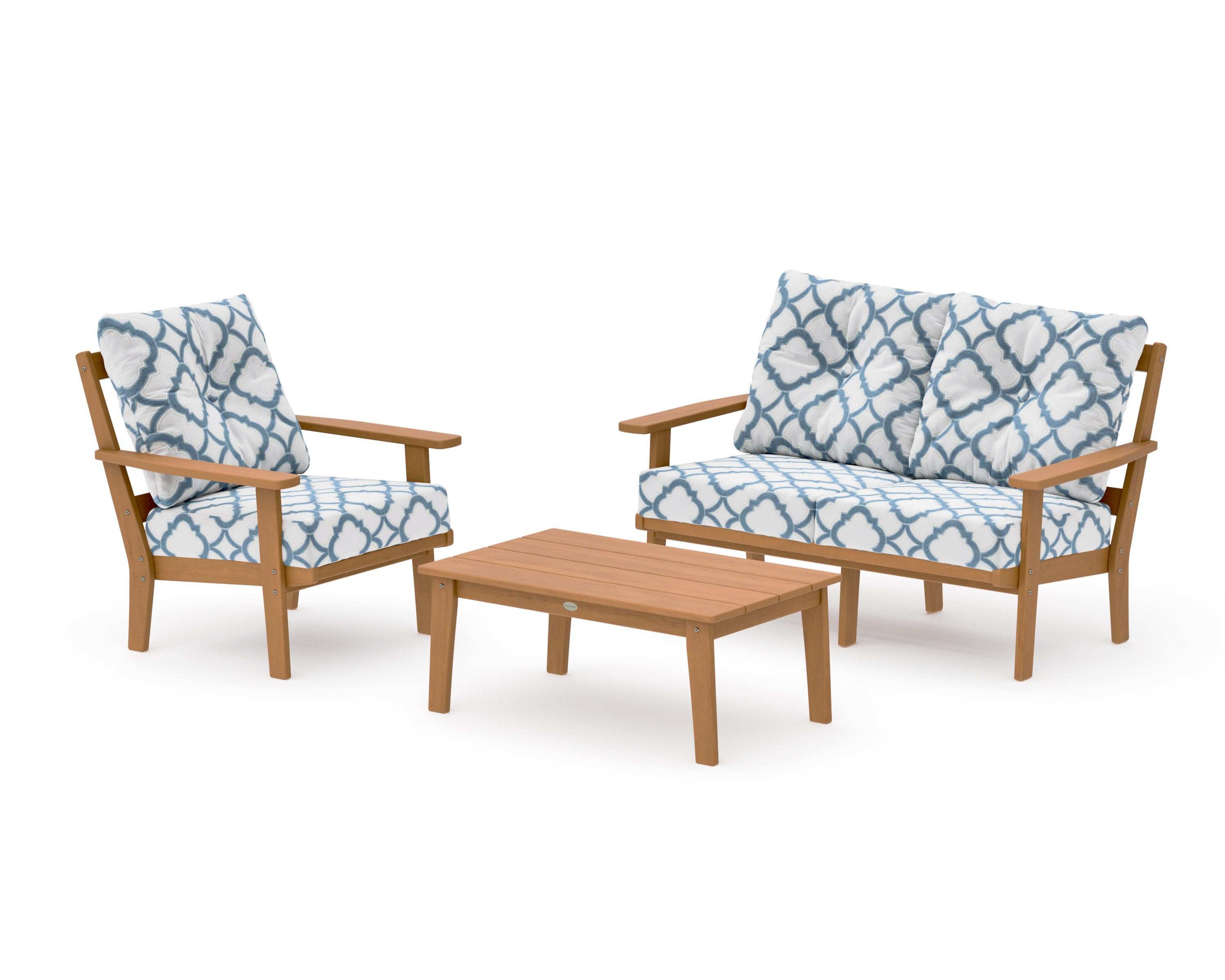 Oxford 3-Piece Deep Seating Set with Loveseat in Natural / Trellis Sky Blue