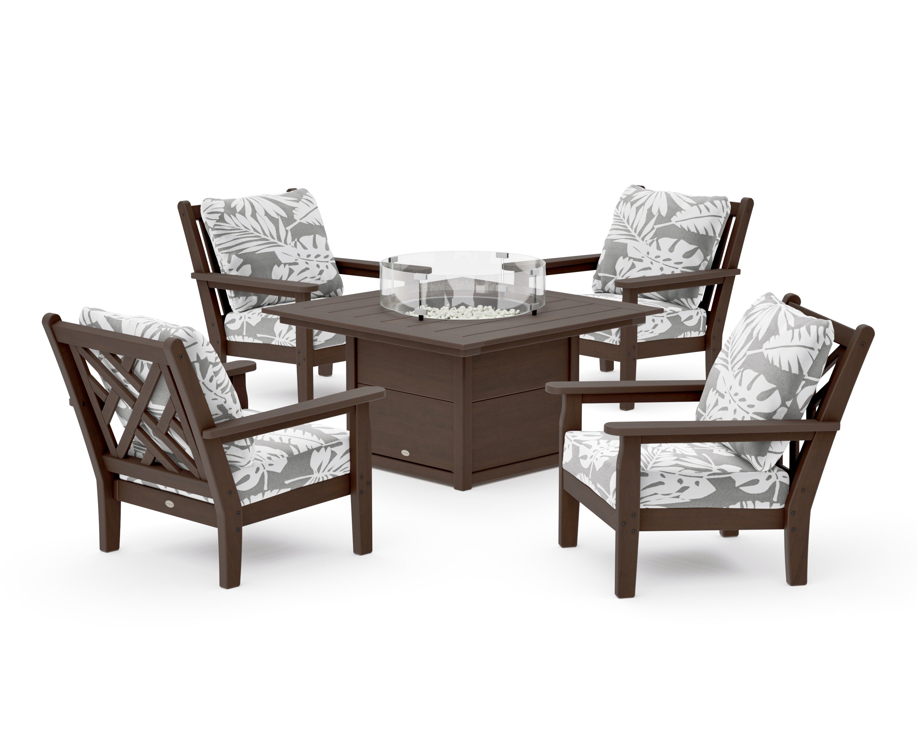 Chippendale 5-Piece Deep Seating Set with Fire Pit Table in Kona / Leaf Grey Mist