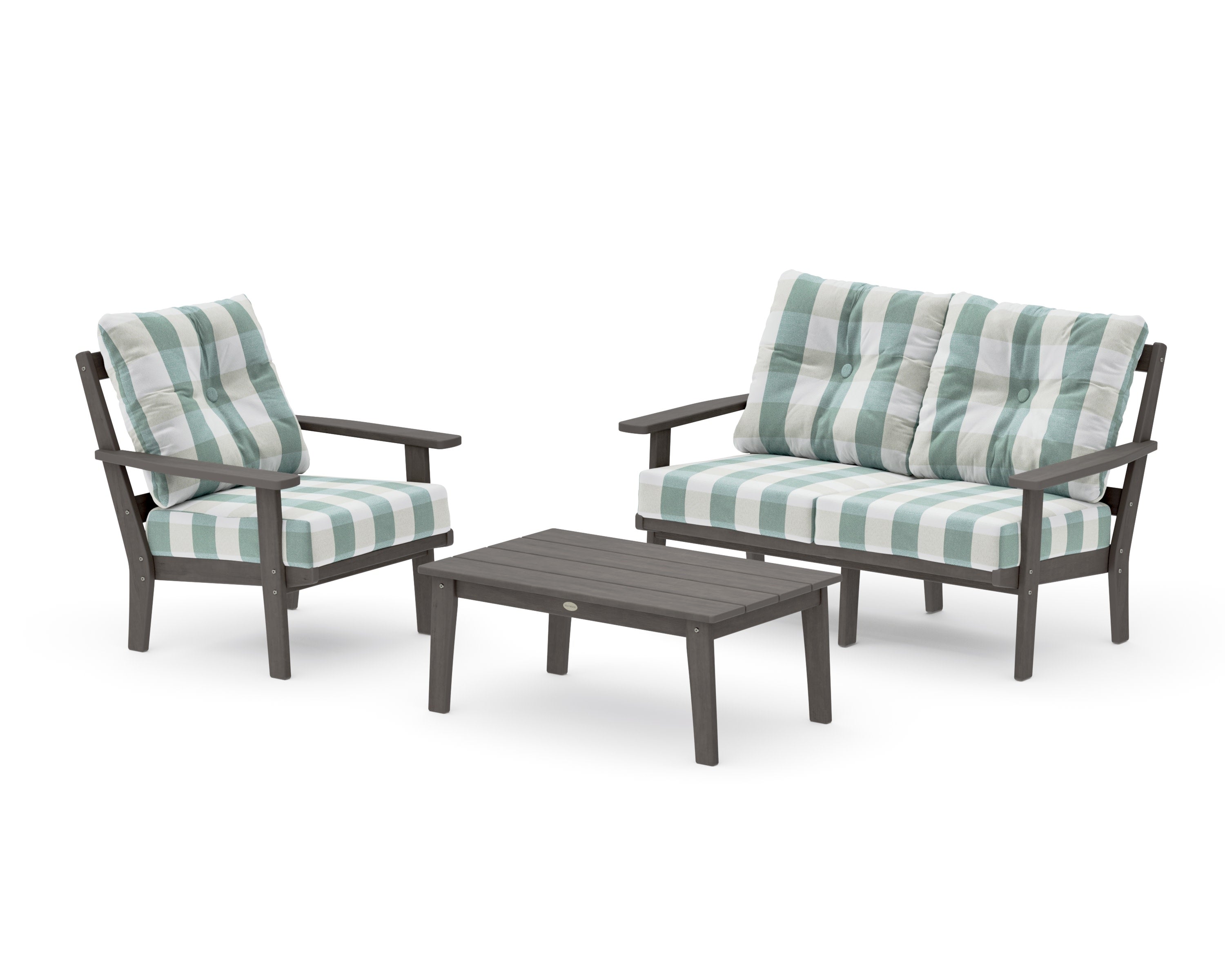 Oxford 3-Piece Deep Seating Set with Loveseat in Driftwood / Buffalo Plaid Glacier Spa
