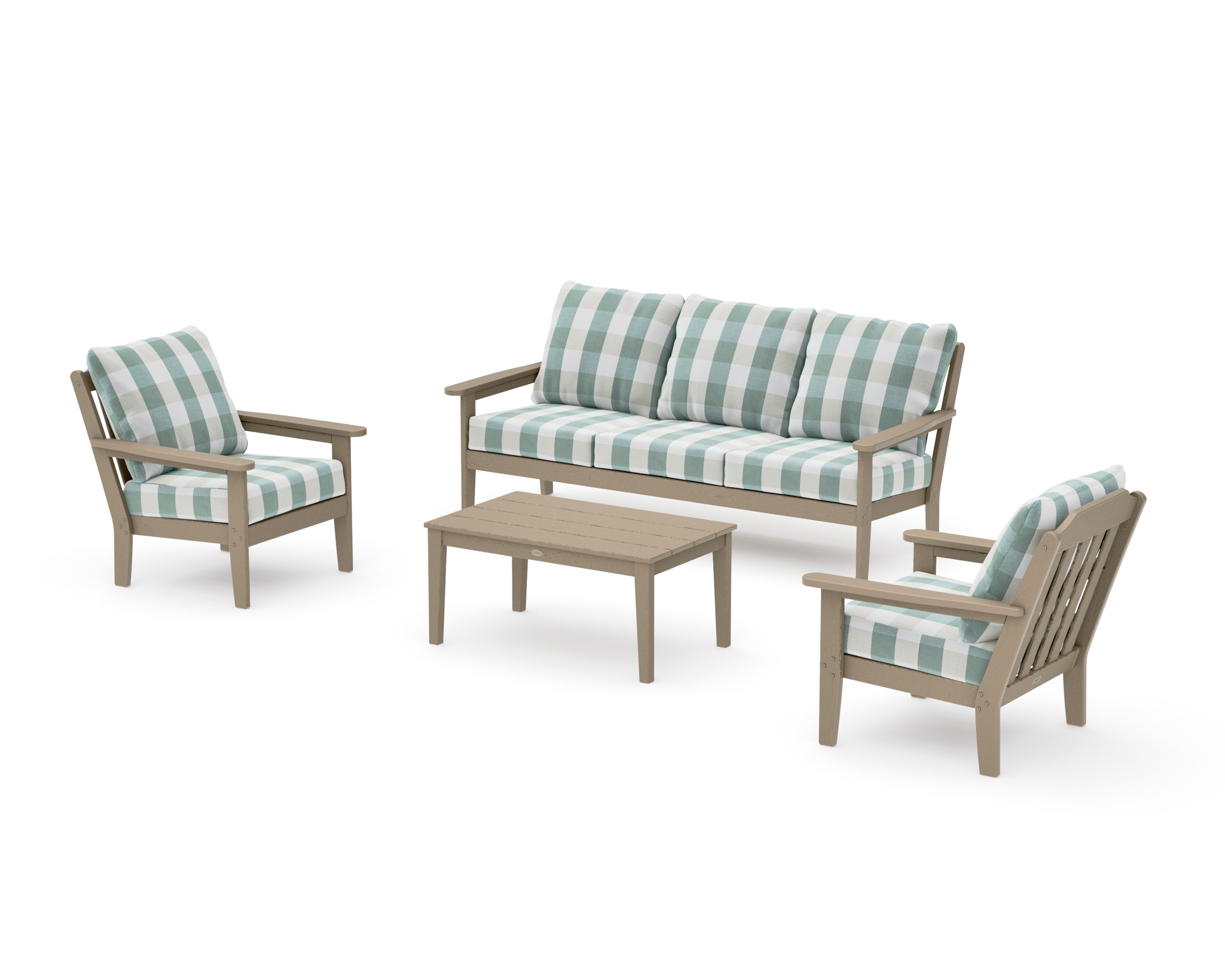 Cottage 4-Piece Deep Seating Set with Sofa in Vintage Sahara / Buffalo Plaid Glacier Spa