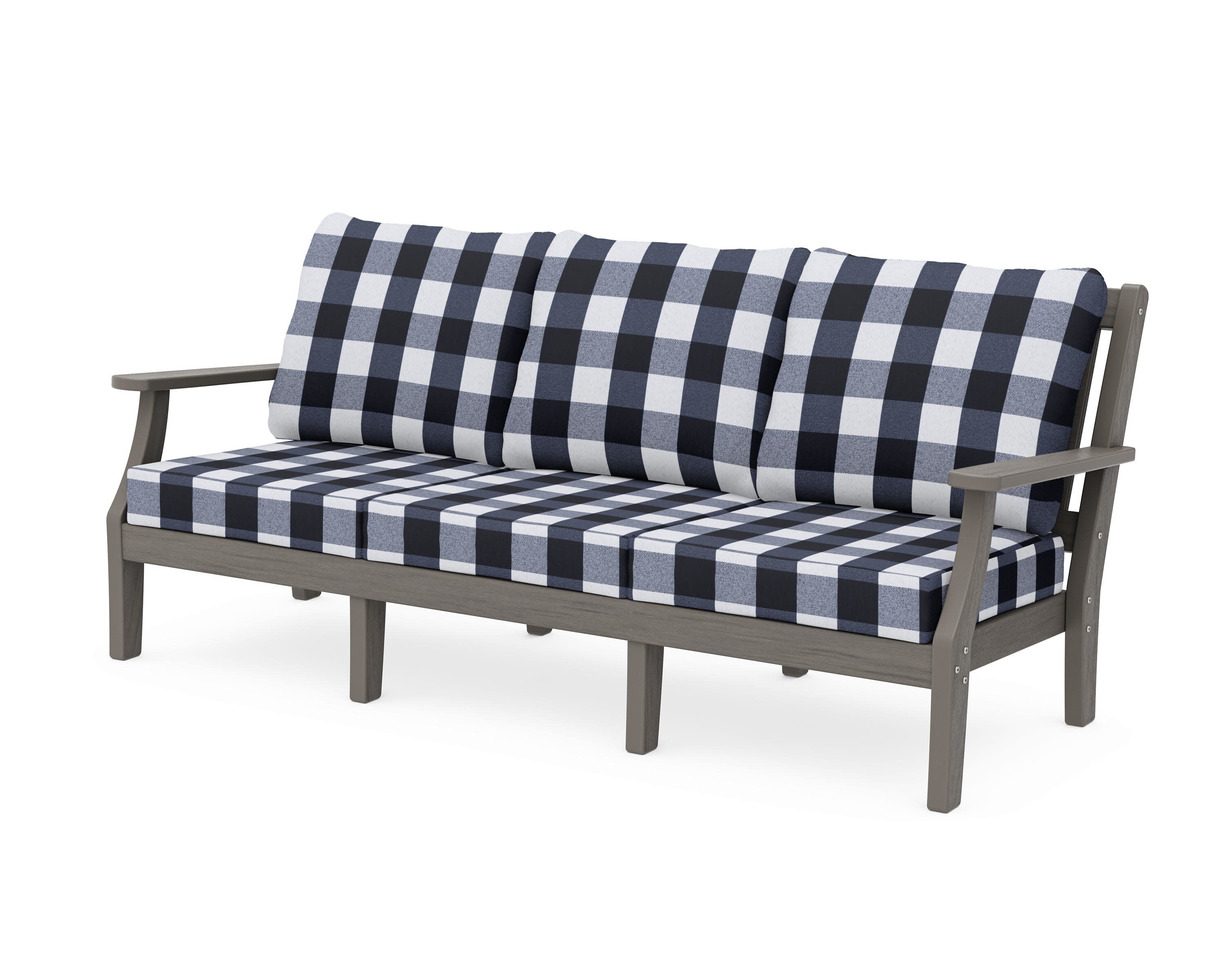 Chinoiserie Deep Seating Sofa in Driftwood / Buffalo Plaid Marine Indigo