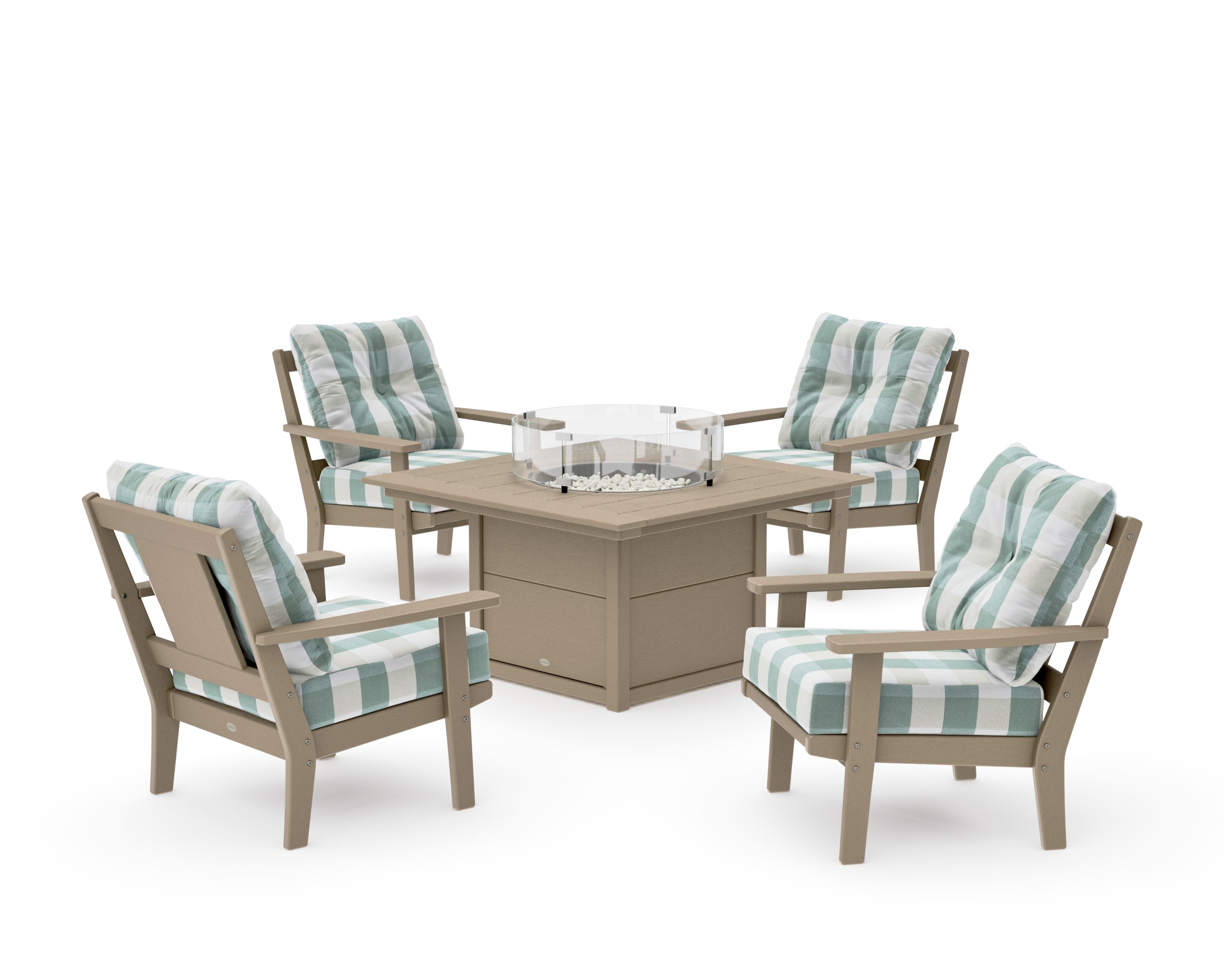 Prairie 5-Piece Deep Seating Set with Fire Pit Table in Vintage Sahara / Buffalo Plaid Glacier Spa