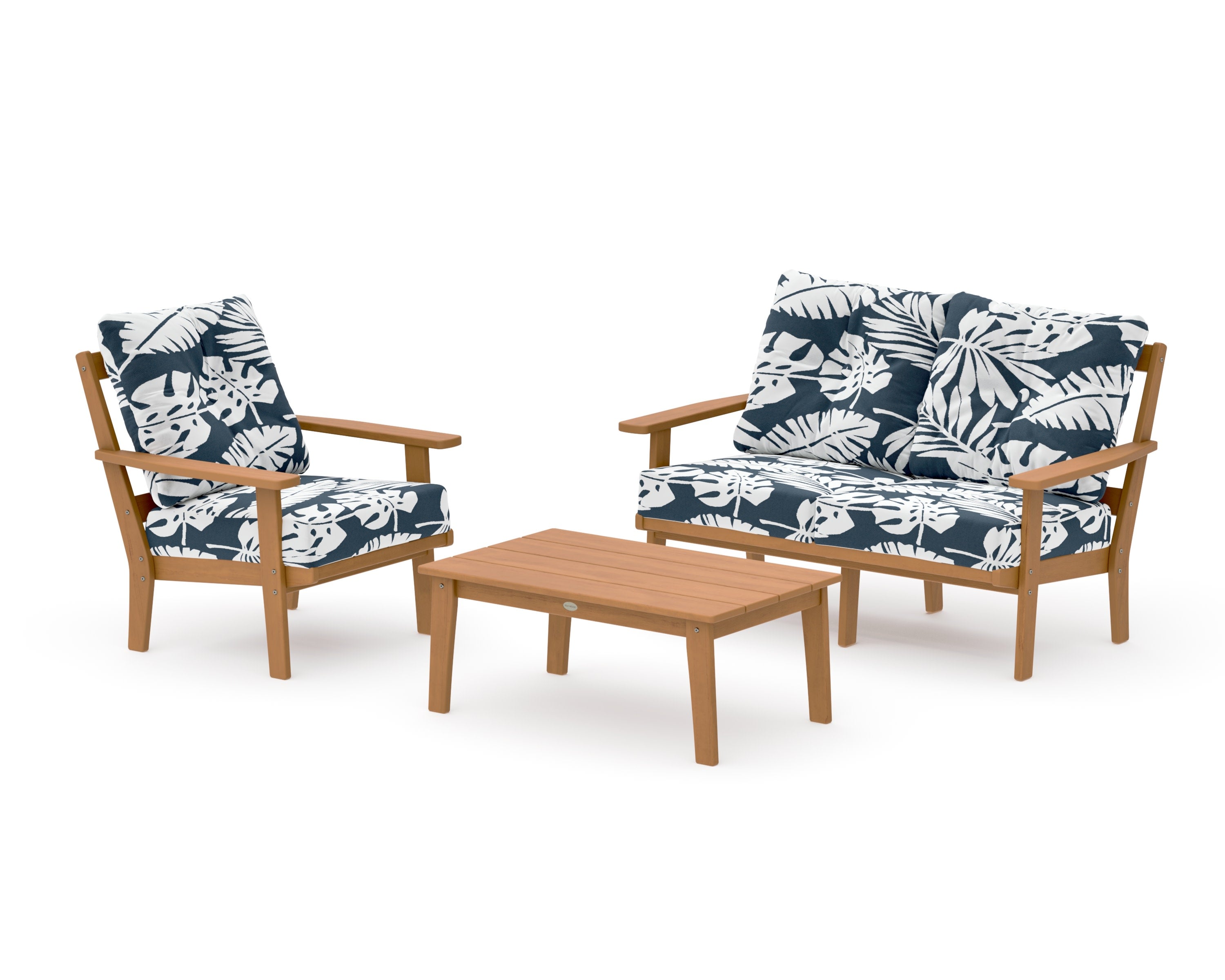 Oxford 3-Piece Deep Seating Set with Loveseat in Natural / Leaf Marine Indigo