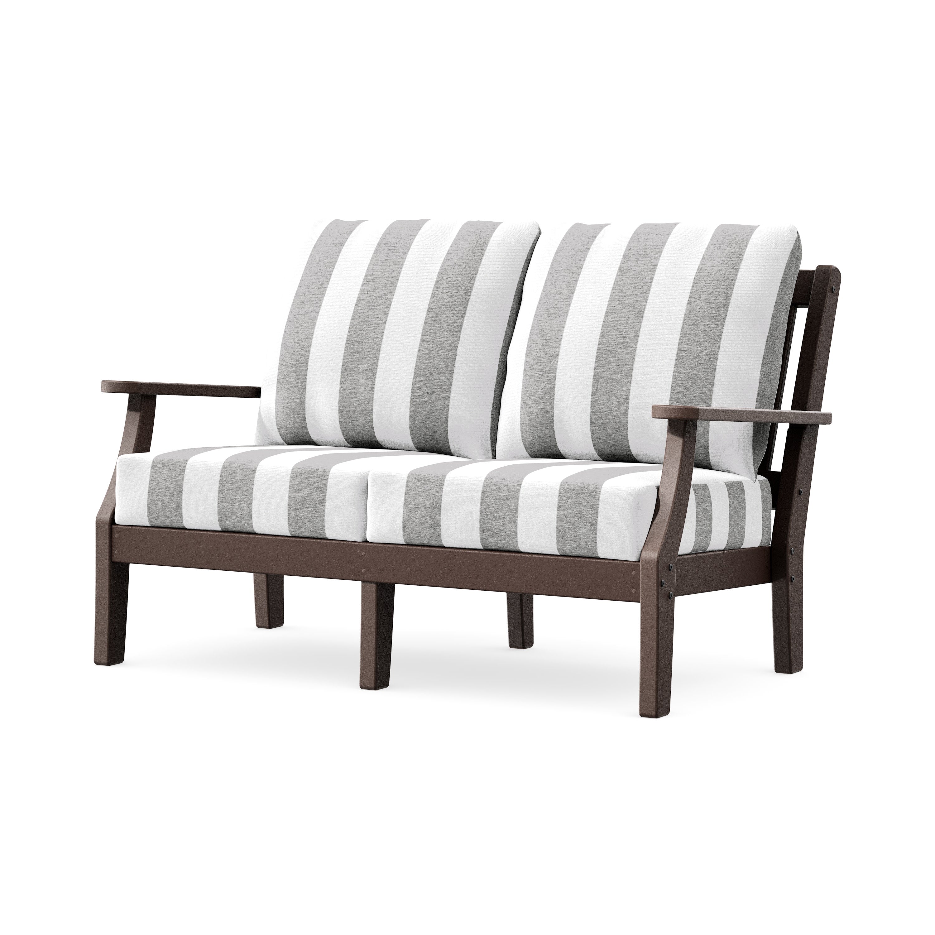 Chinoiserie Deep Seating Loveseat in Mahogany / Cabana Stripe Grey Mist