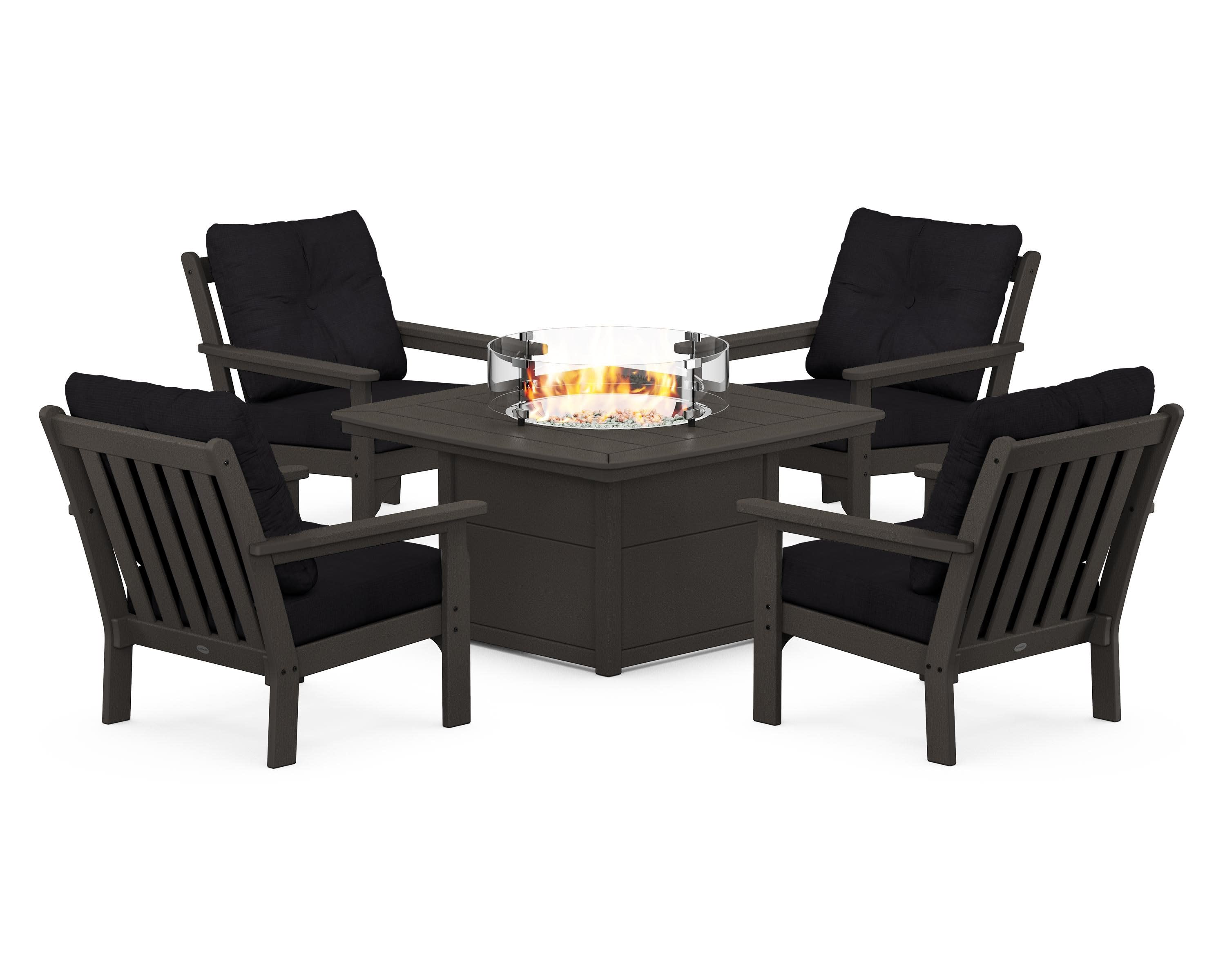 Vineyard 5-Piece Conversation Set with Fire Pit Table in Vintage Coffee / Midnight Linen