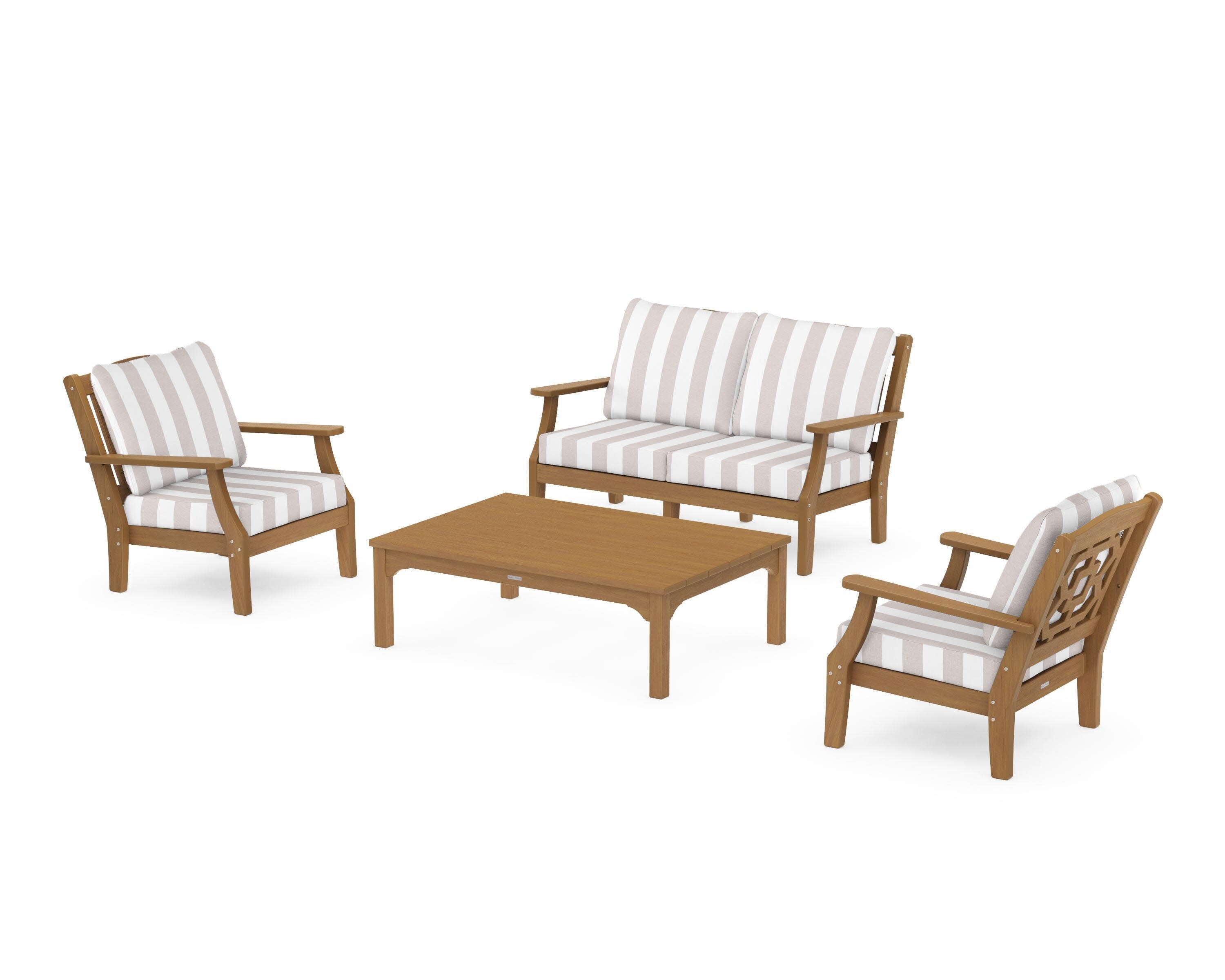 Chinoiserie 4-Piece Deep Seating Set with Loveseat in Natural / Cabana Stripe Dune Burlap