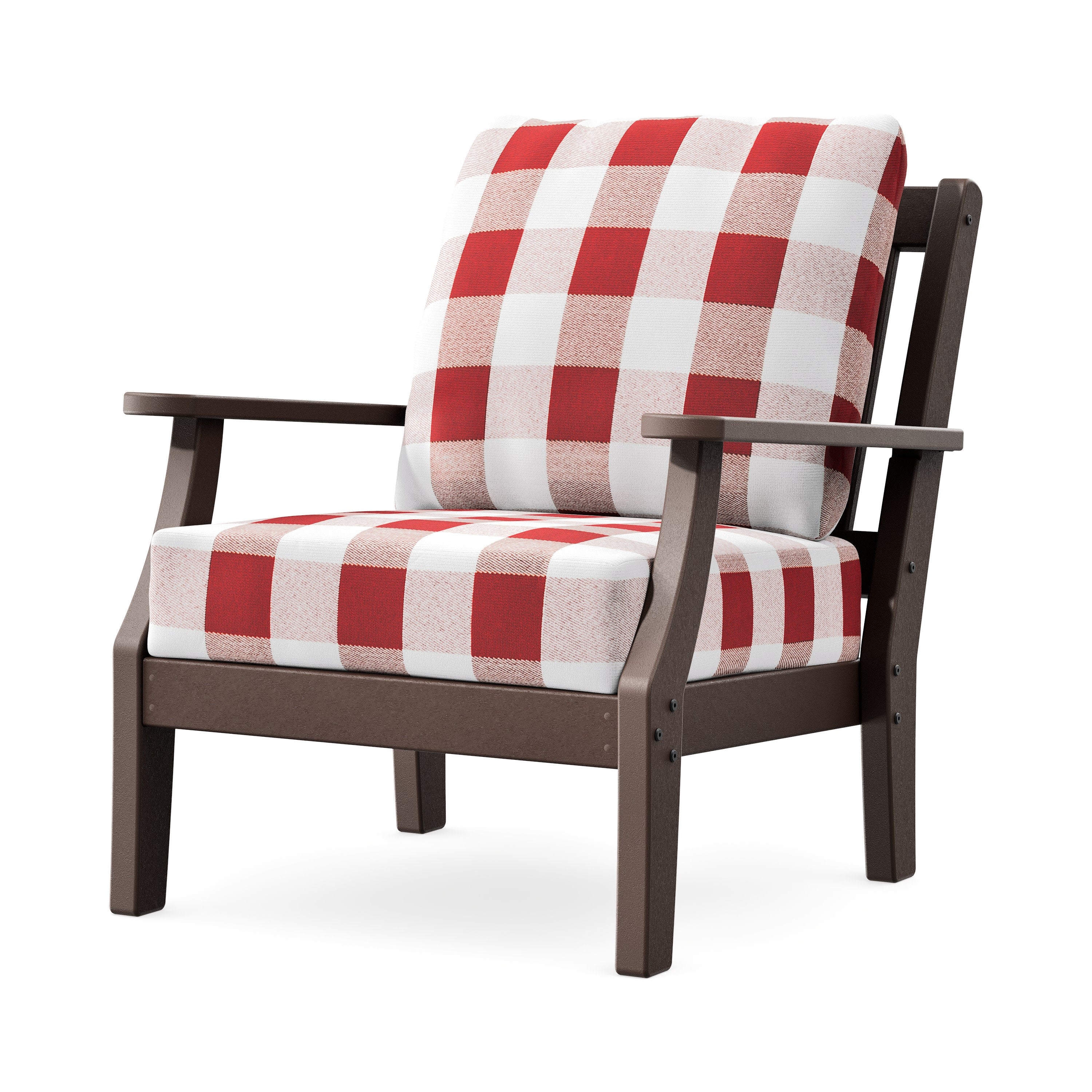 Chinoiserie Deep Seating Chair in Mahogany / Buffalo Plaid Crimson