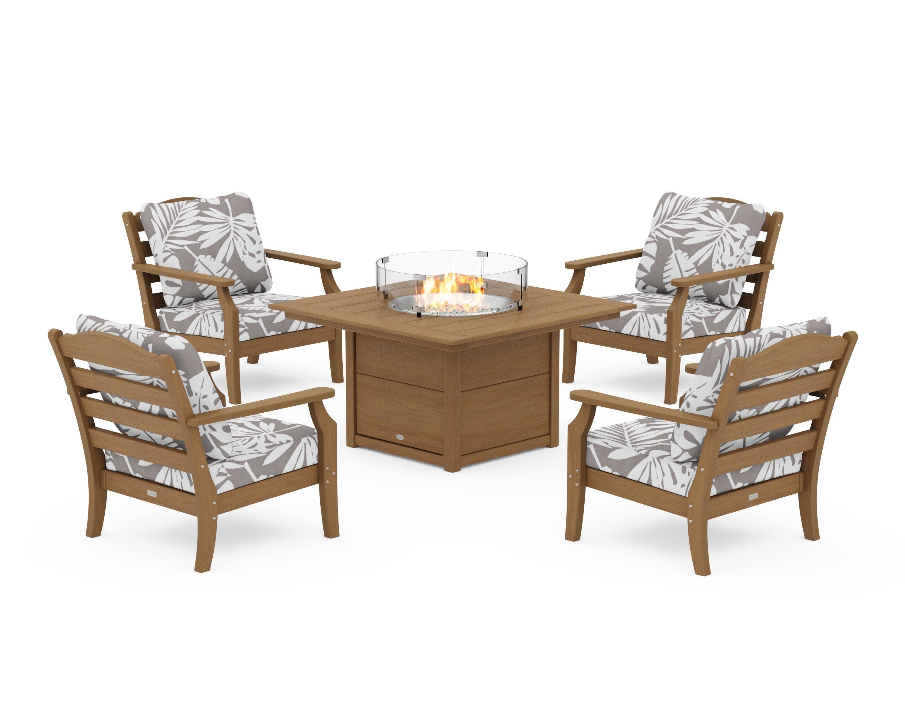 Savannah 5-Piece Deep Seating Set with Fire Pit Table in Natural / Leaf Grey Mist