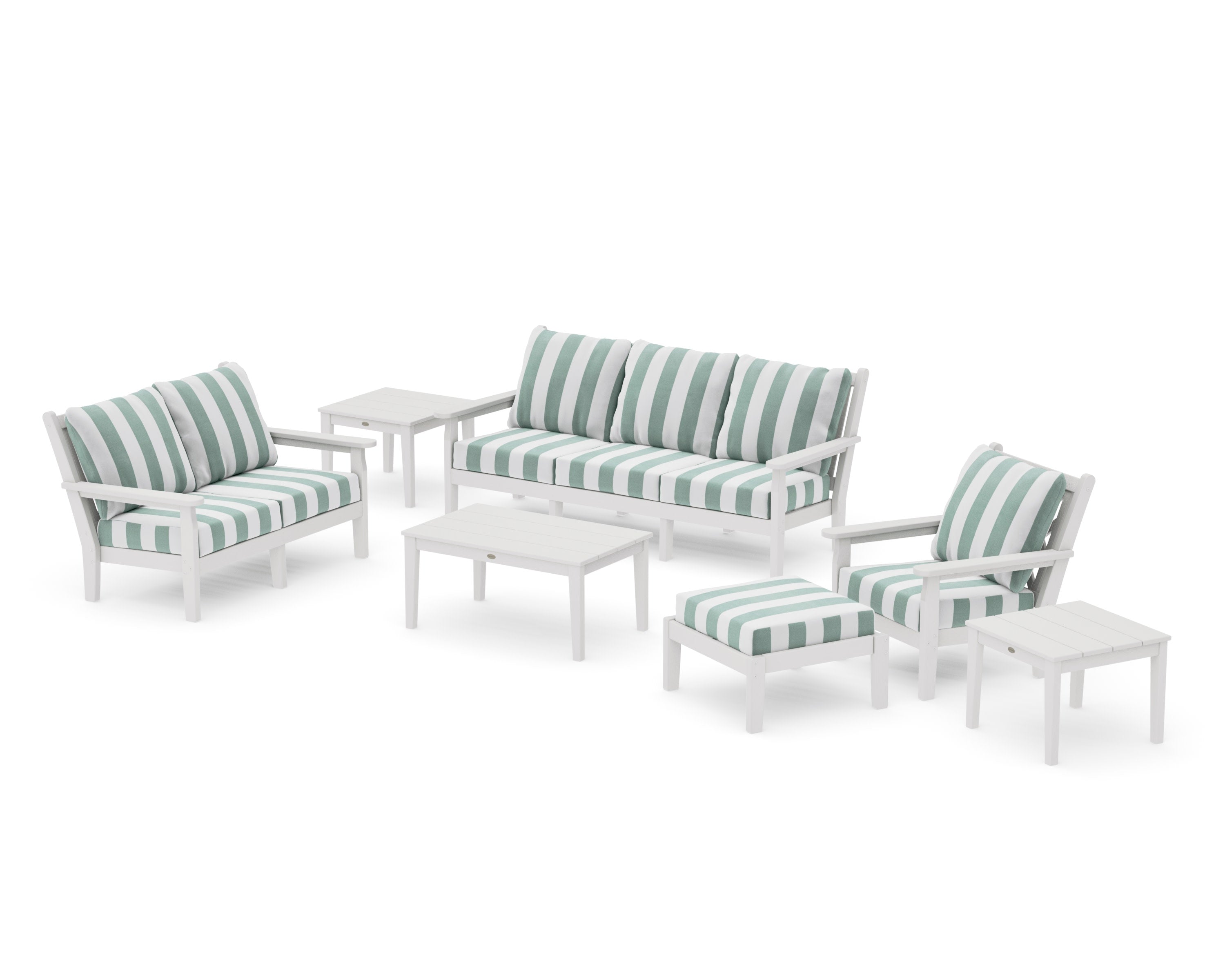 Chippendale 7-Piece Deep Seating Set in Vintage White / Cabana Stripe Glacier Spa