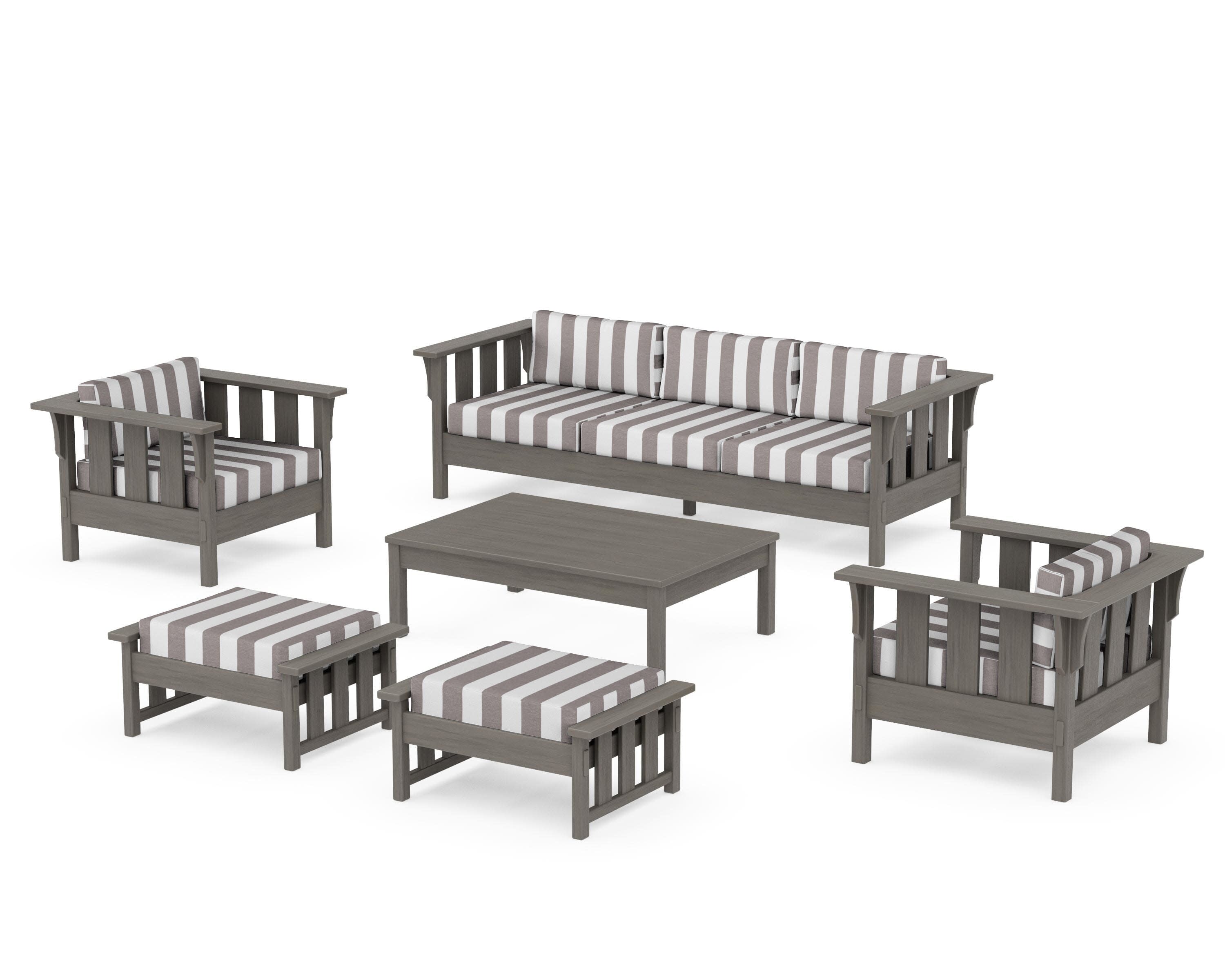 Acadia 6-Piece Lounge Sofa Set in Driftwood / Cabana Stripe Grey Mist