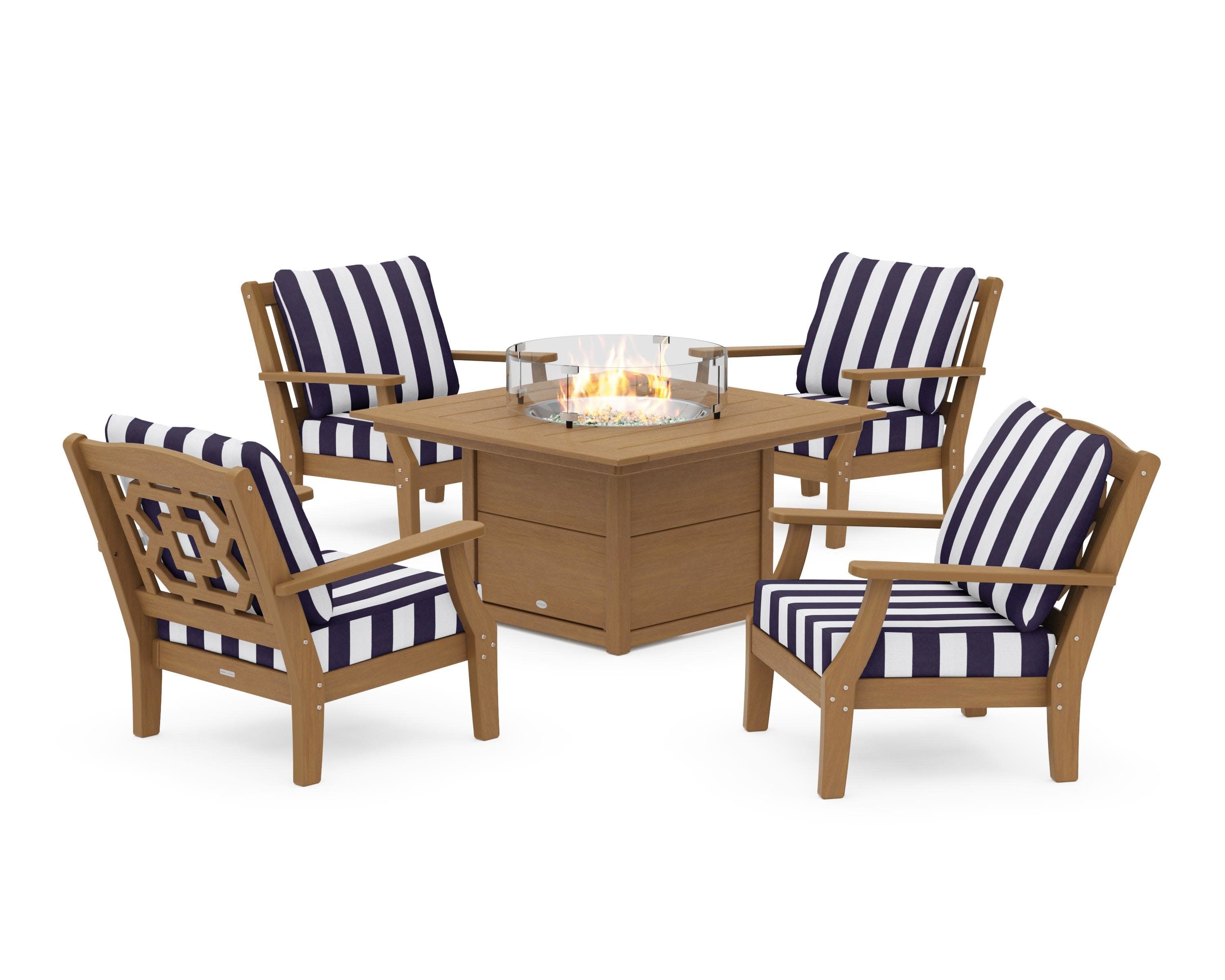 Chinoiserie 5-Piece Deep Seating Set with Fire Pit Table in Natural / Cabana Stripe Navy