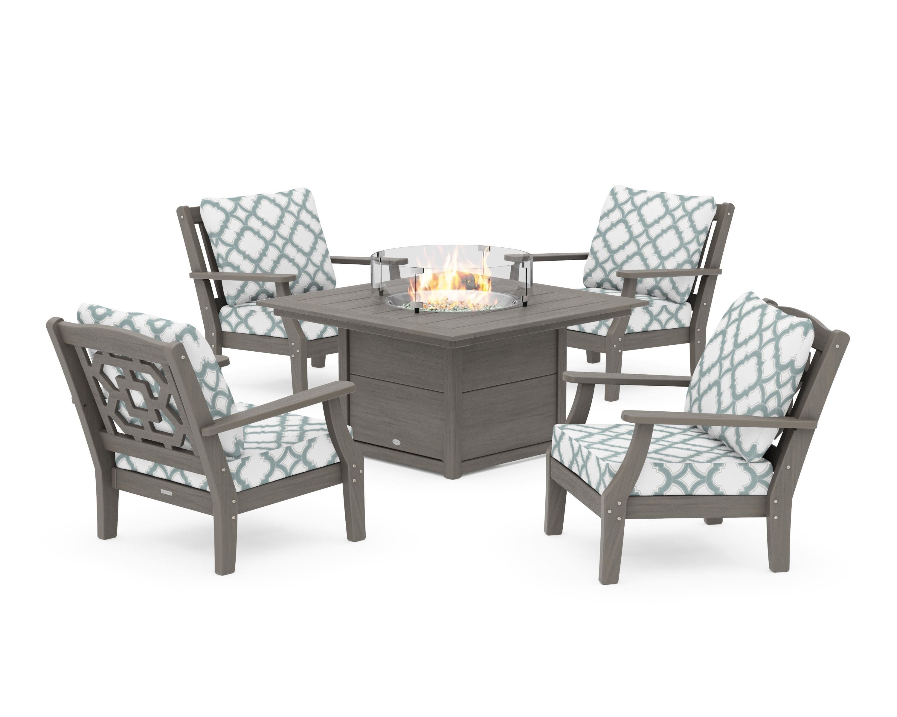 Chinoiserie 5-Piece Deep Seating Set with Fire Pit Table in Driftwood / Trellis Glacier Spa