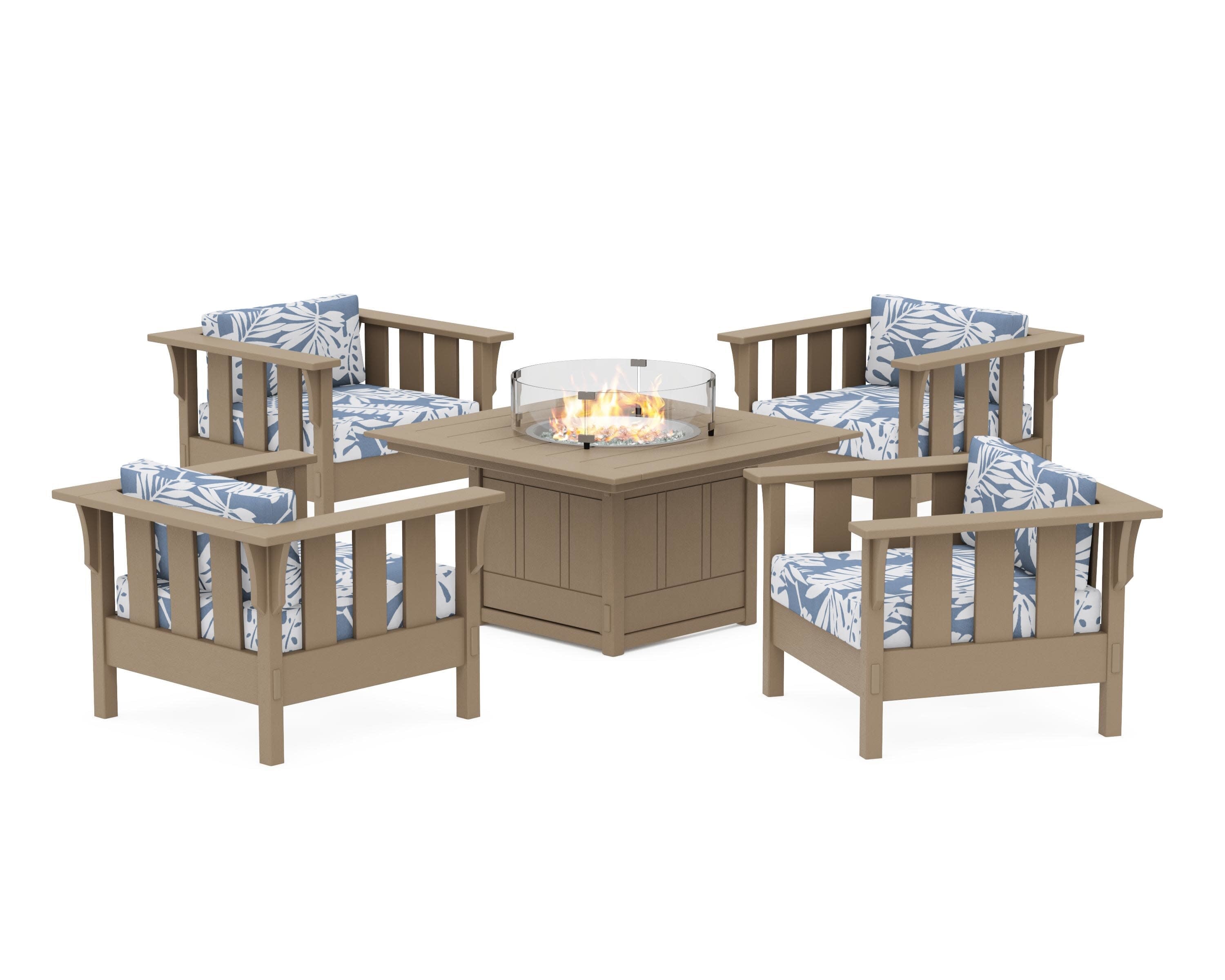 Acadia 5-Piece Deep Seating Set with Fire Pit Table in Vintage Sahara / Leaf Sky Blue