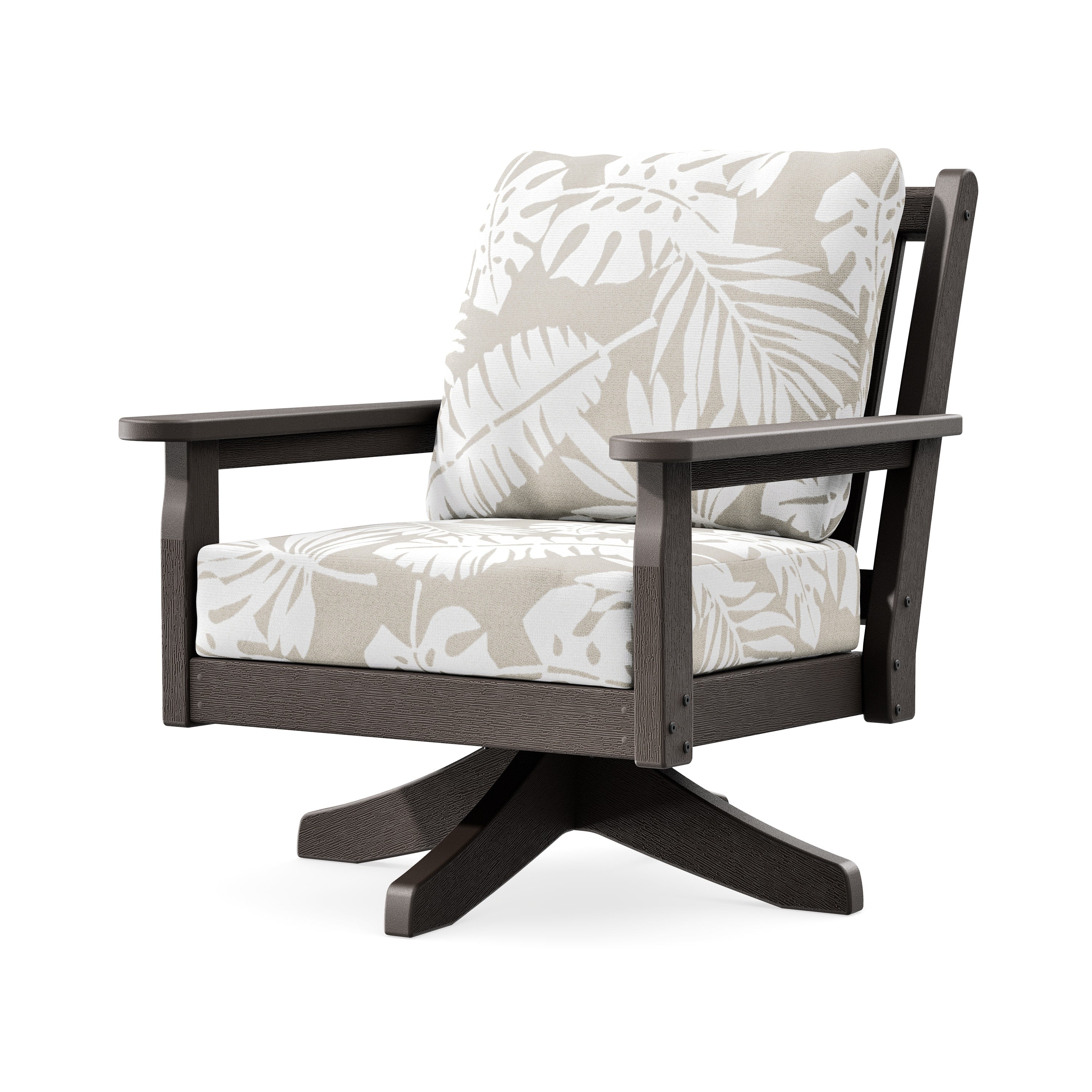 Chippendale Deep Seating Swivel Chair in Vintage Coffee / Leaf Dune Burlap