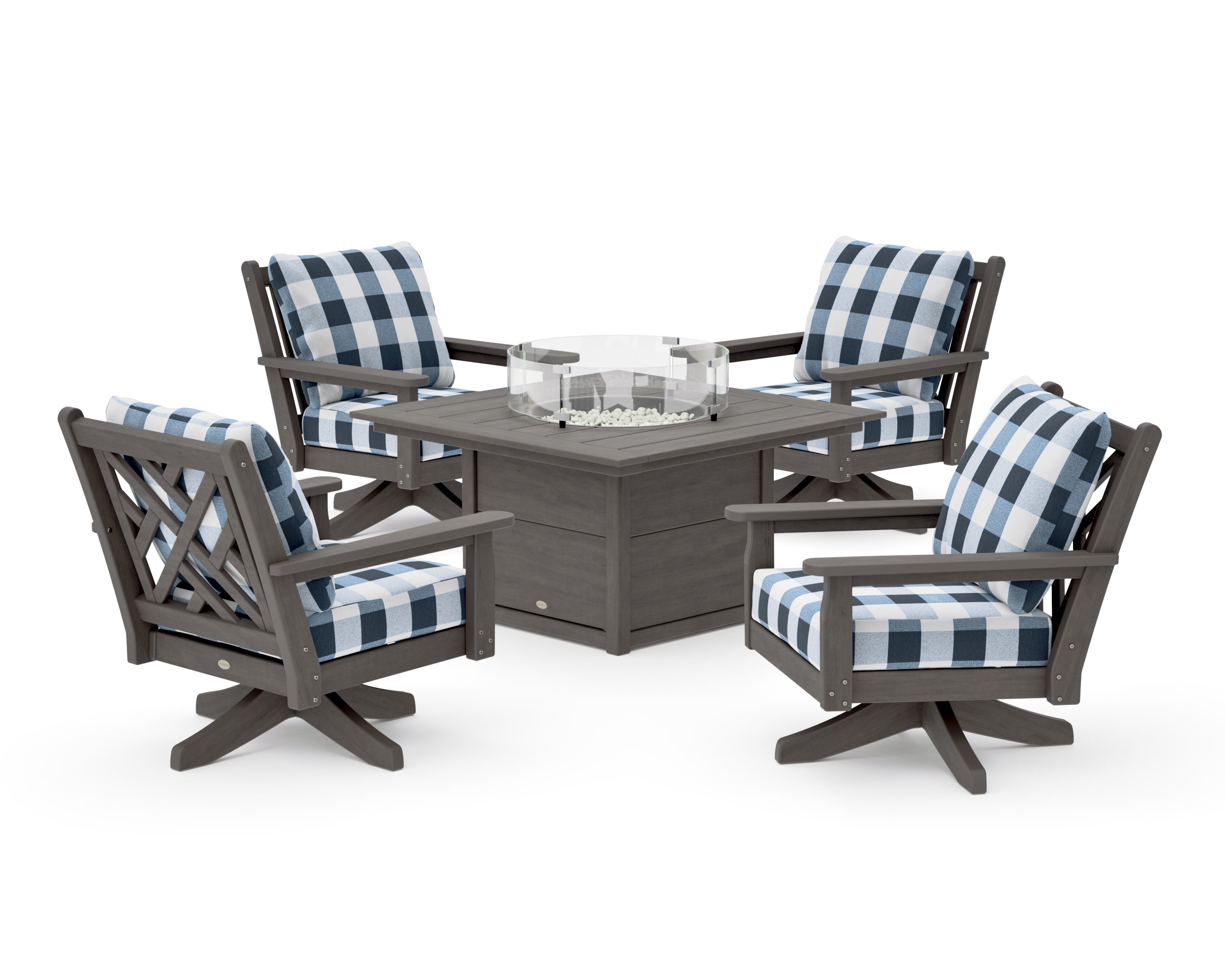 Chippendale 5-Piece Deep Seating Swivel Conversation Set with Fire Pit Table in Driftwood / Buffalo Plaid Marine Indigo
