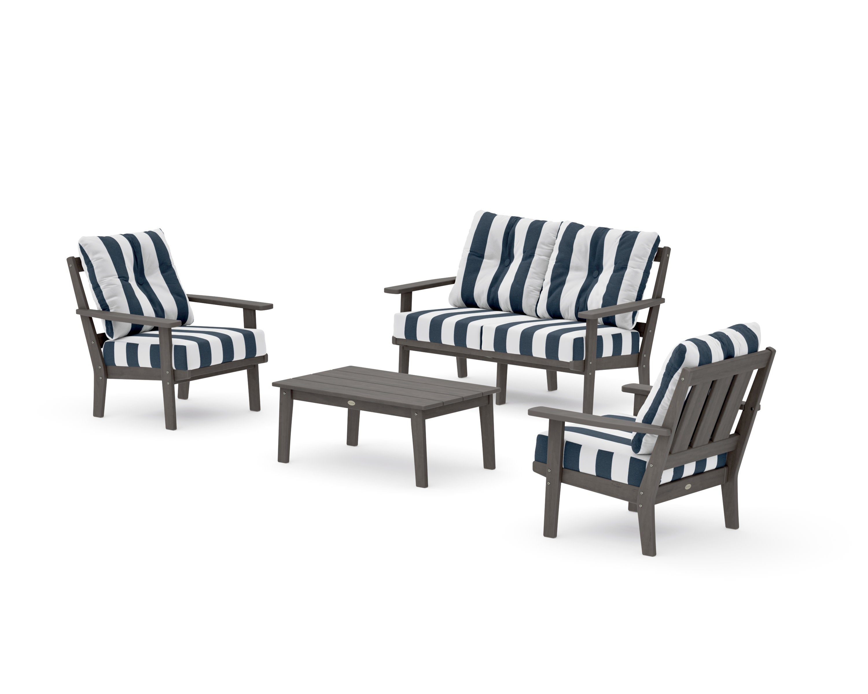Oxford 4-Piece Deep Seating Set with Loveseat in Driftwood / Cabana Stripe Marine Indigo