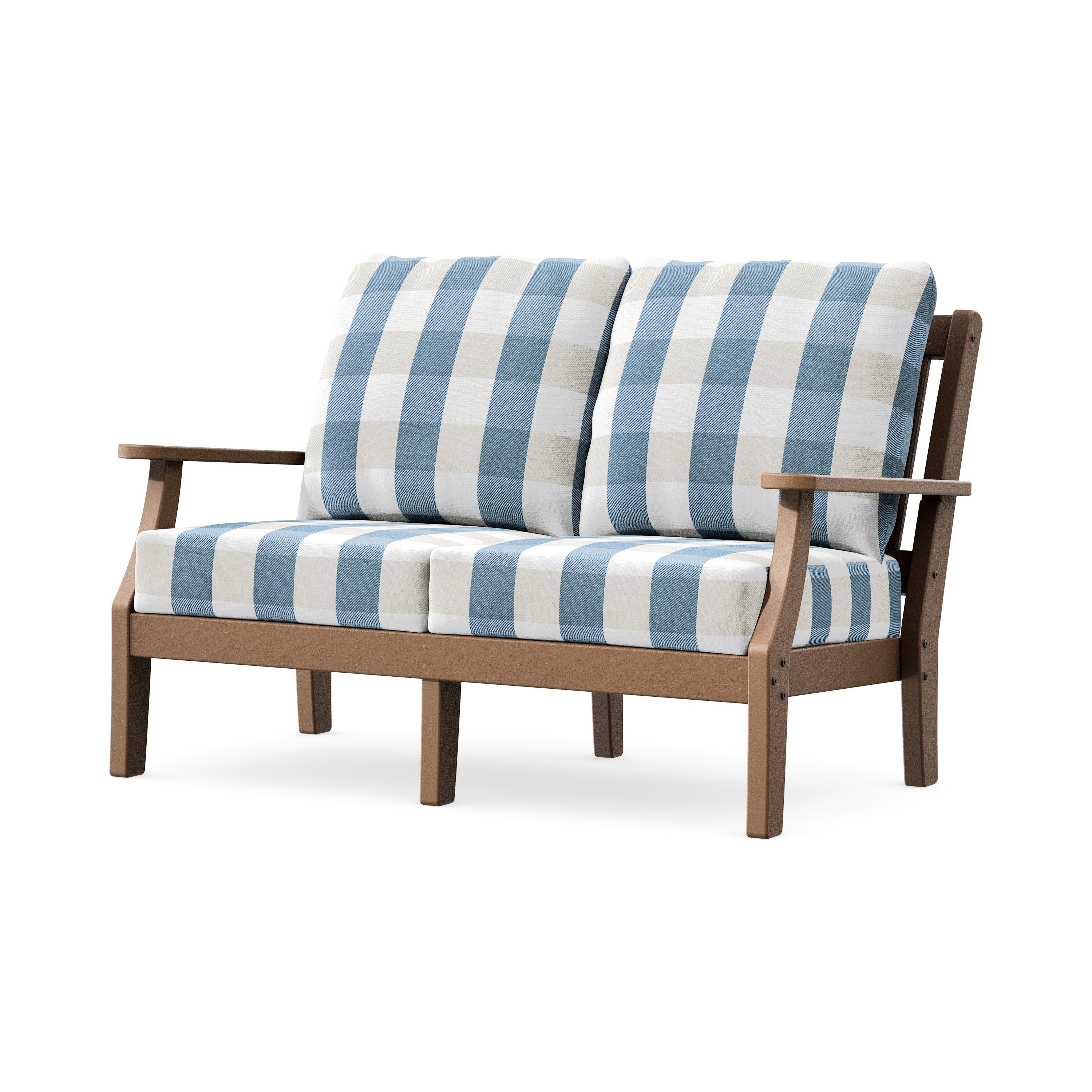 Chinoiserie Deep Seating Loveseat in Teak / Buffalo Plaid Sky Blue