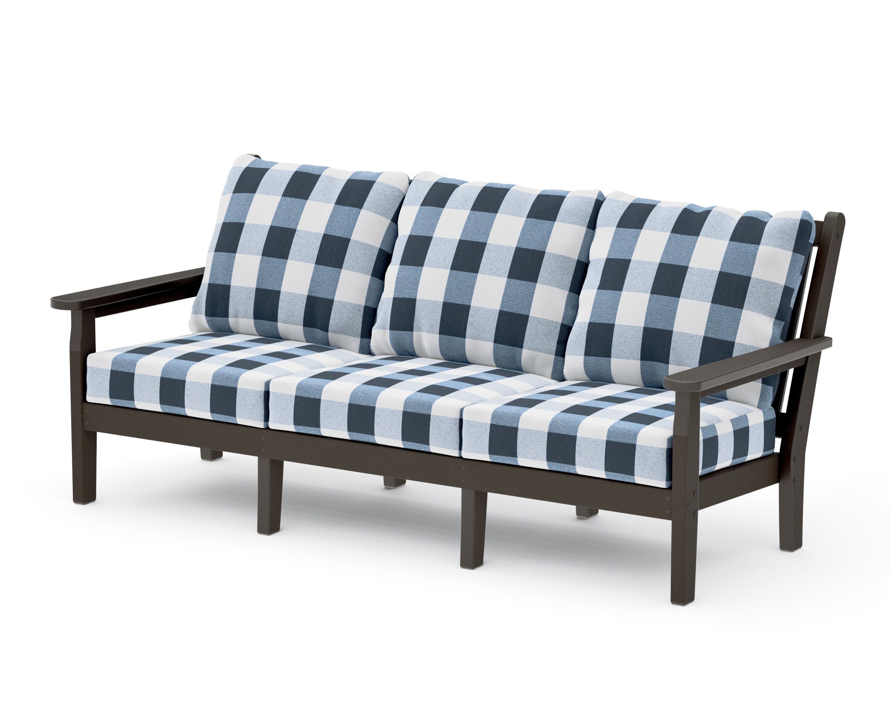 Chippendale Deep Seating Sofa in Vintage Coffee / Buffalo Plaid Marine Indigo