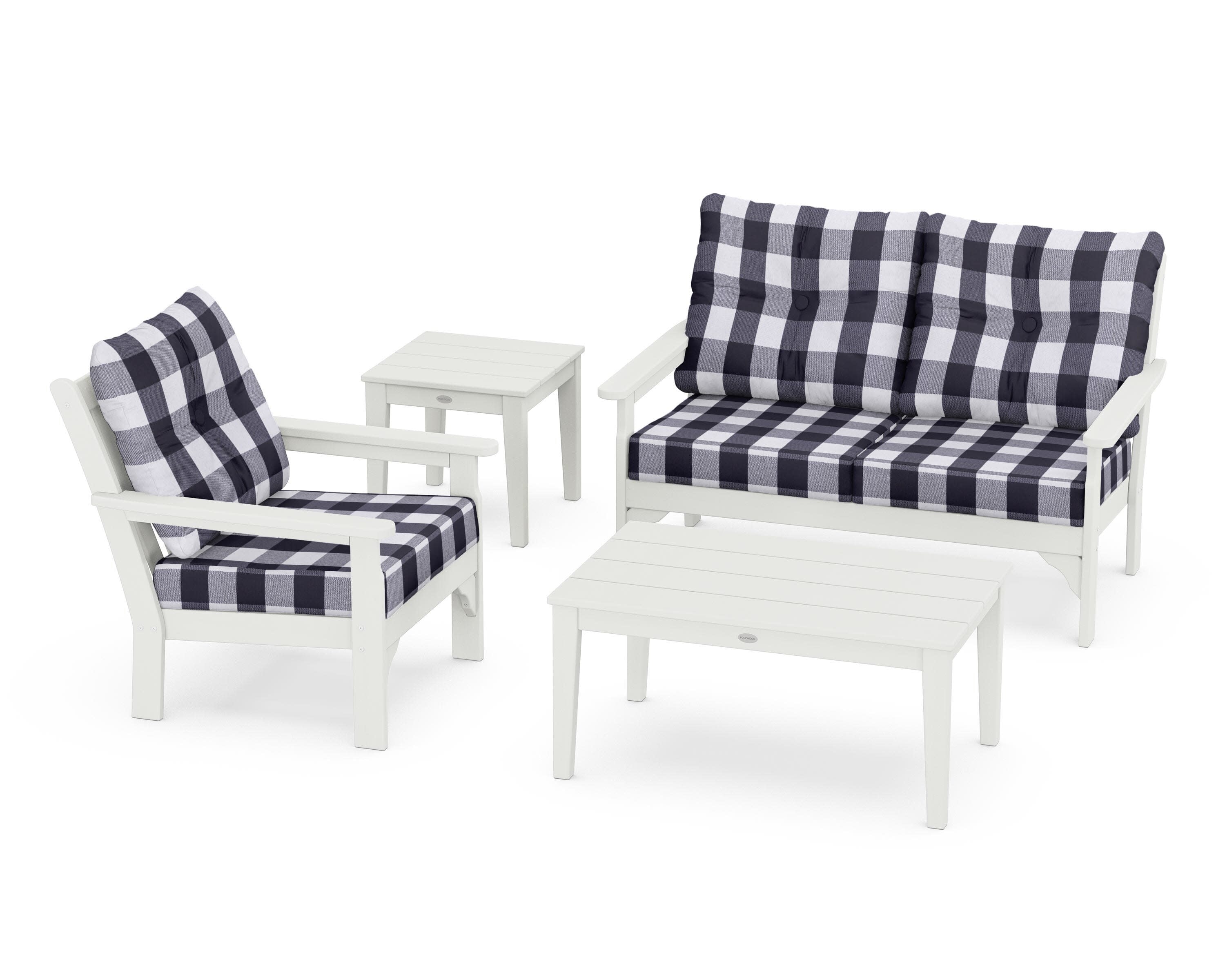 Vineyard 4-Piece Deep Seating Set in Vintage White / Buffalo Plaid Navy