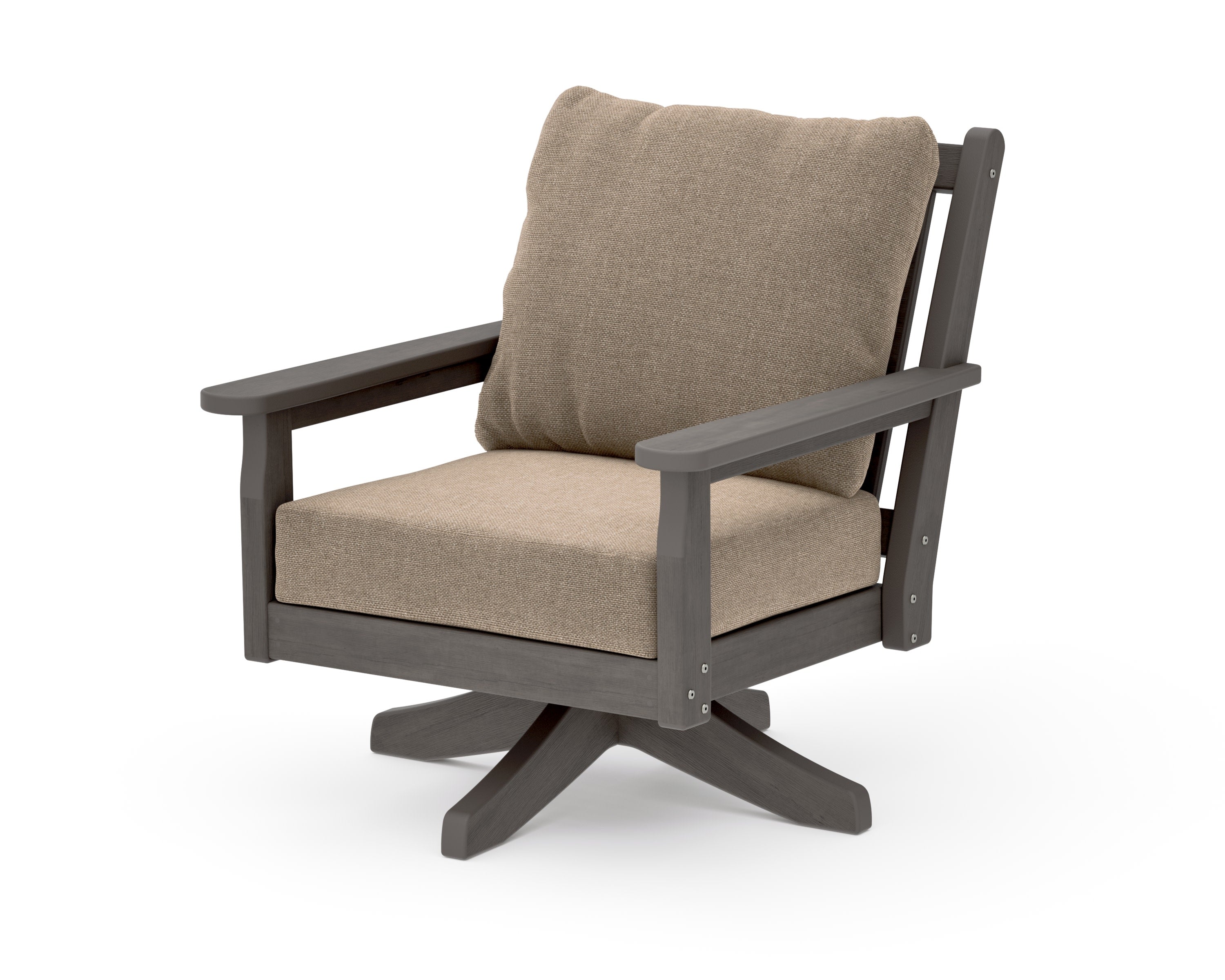 Chippendale Deep Seating Swivel Chair in Driftwood / Spiced Burlap