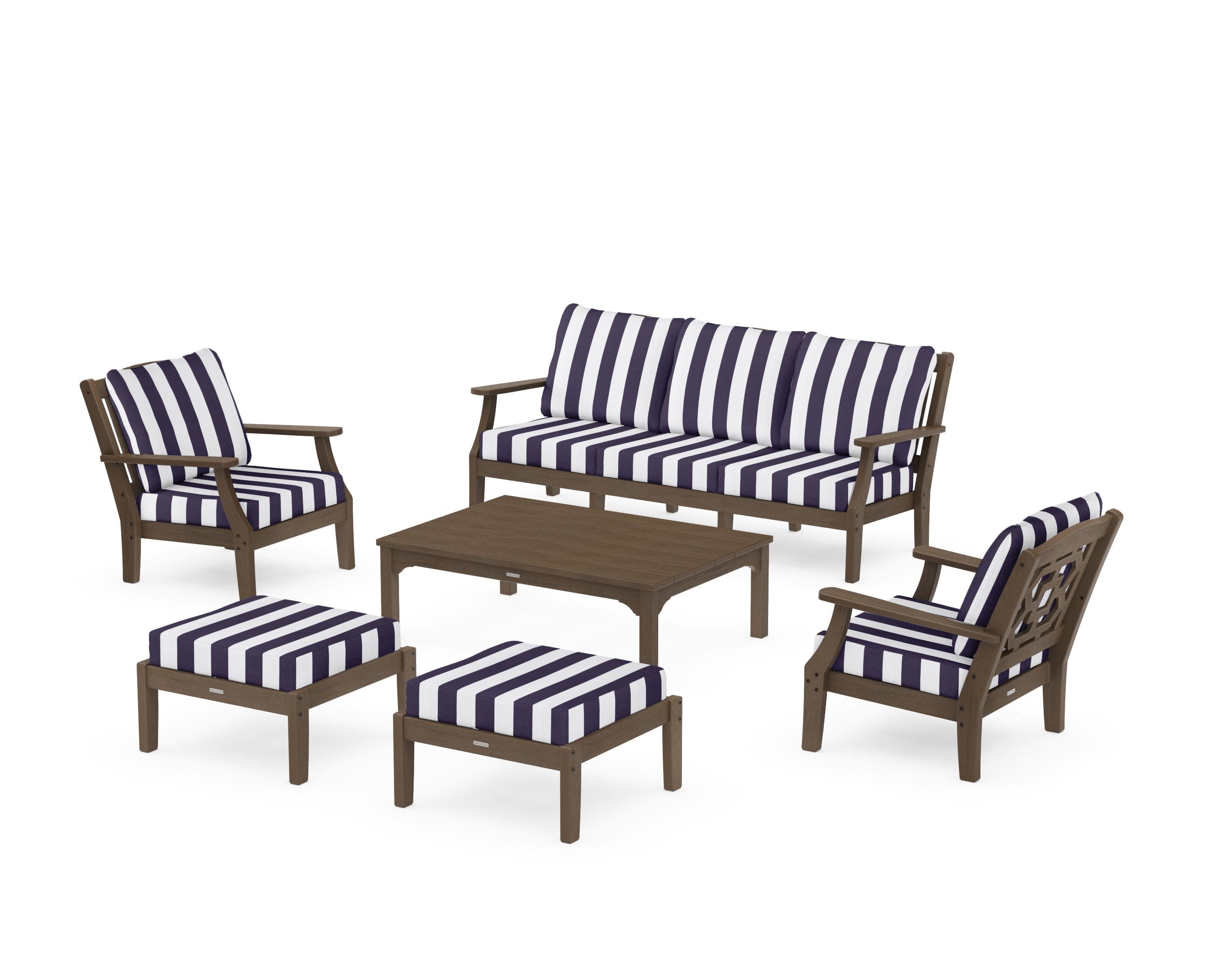 Chinoiserie 6-Piece Lounge Sofa Set in Kona / Cabana Stripe Navy