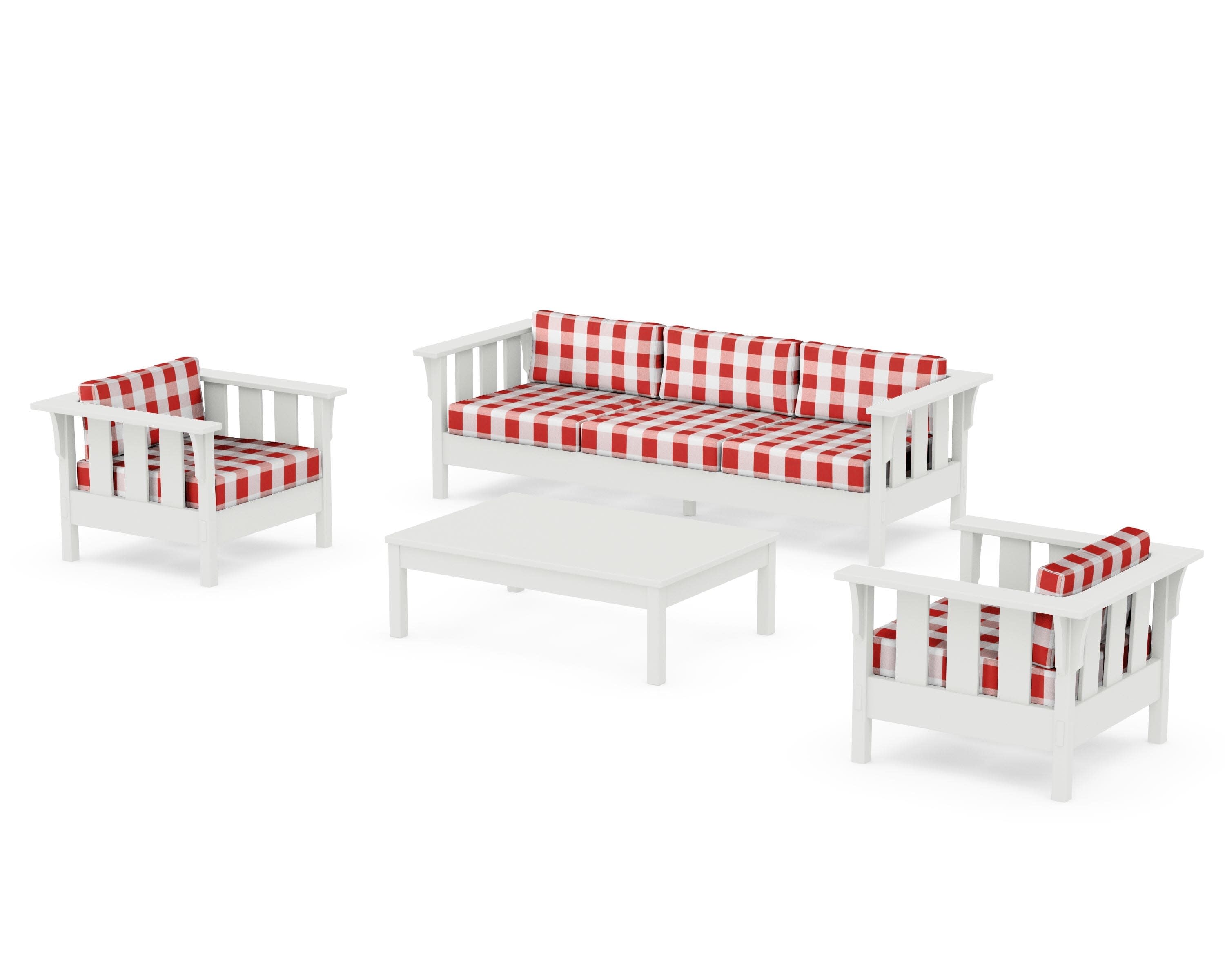 Acadia 4-Piece Deep Seating Set with Sofa in Vintage White / Buffalo Plaid Crimson