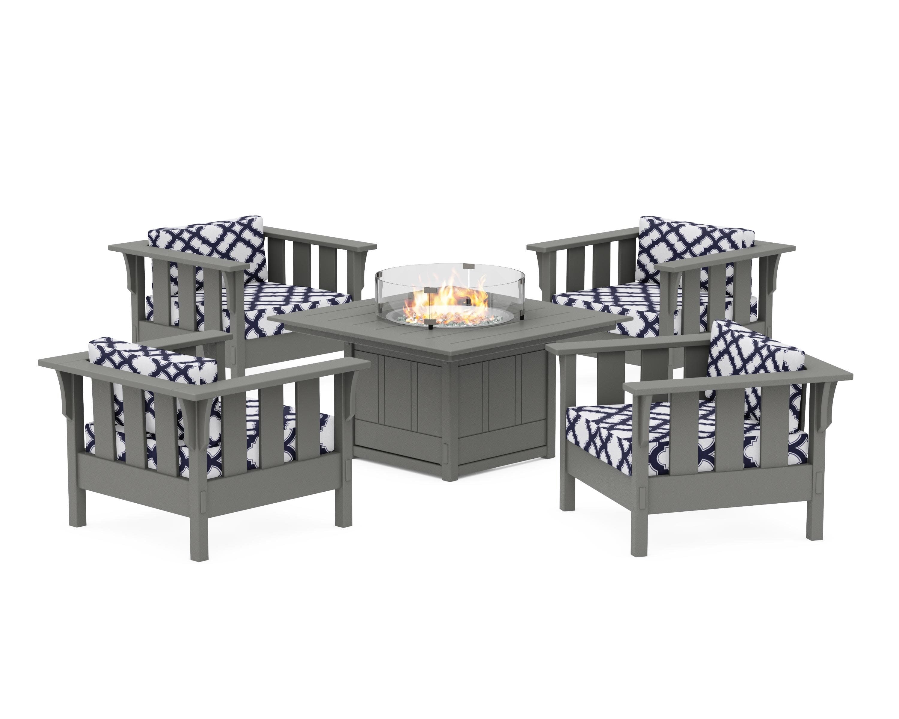 Acadia 5-Piece Deep Seating Set with Fire Pit Table in Slate Grey / Trellis Navy