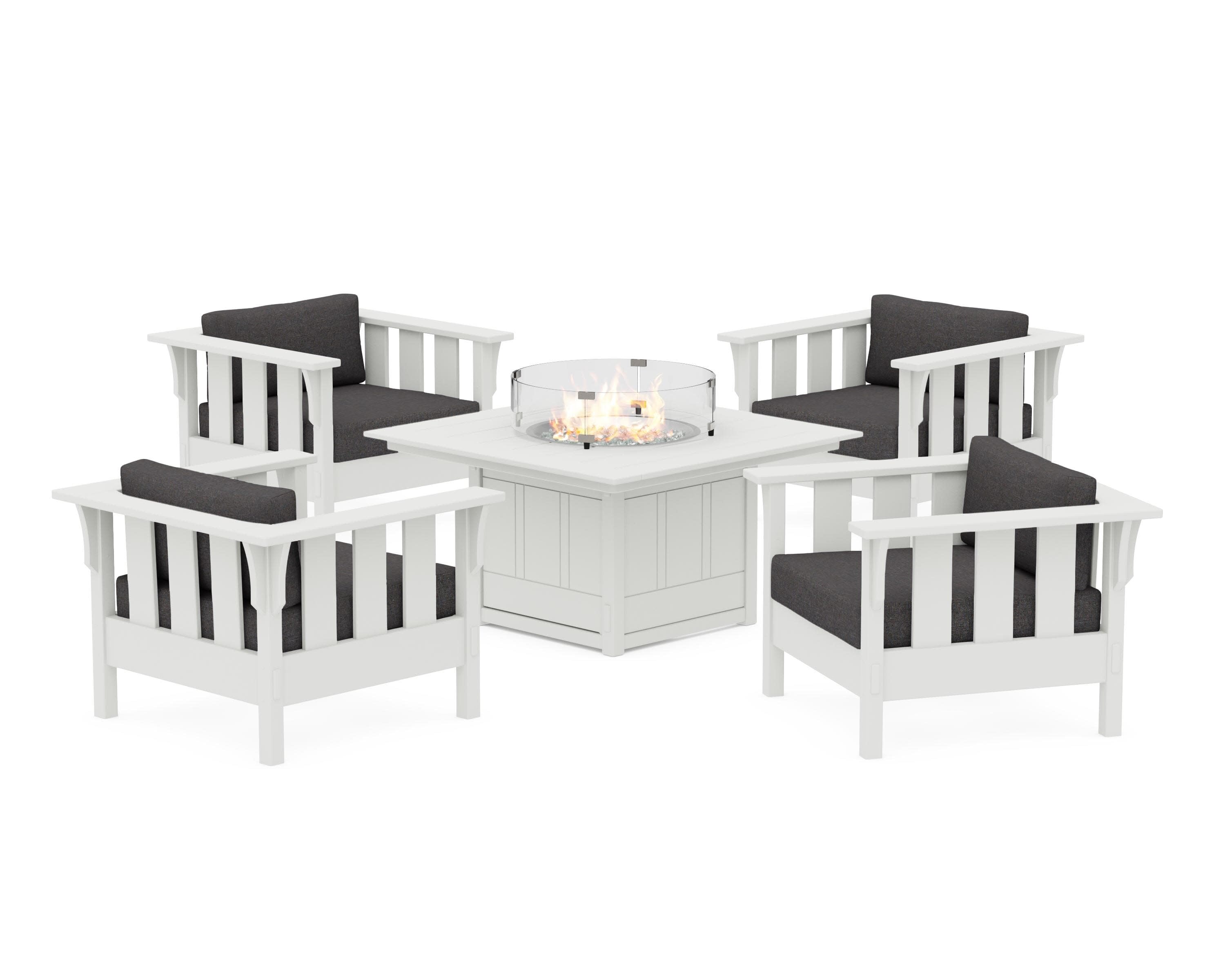 Acadia 5-Piece Deep Seating Set with Fire Pit Table in Vintage White / Ash Charcoal
